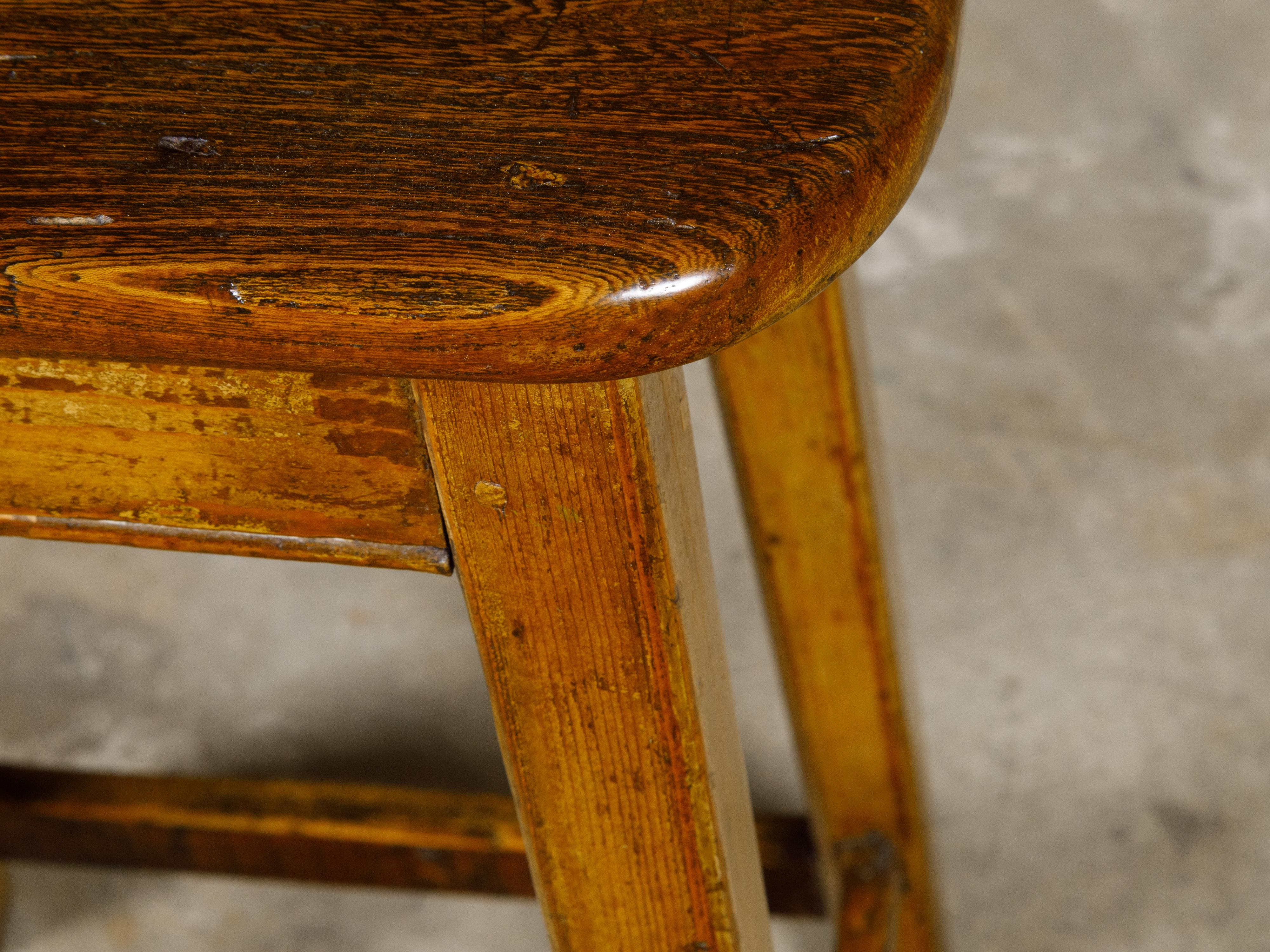 English 19th Century Pine Stool with Stretchers and Rustic Character For Sale 1