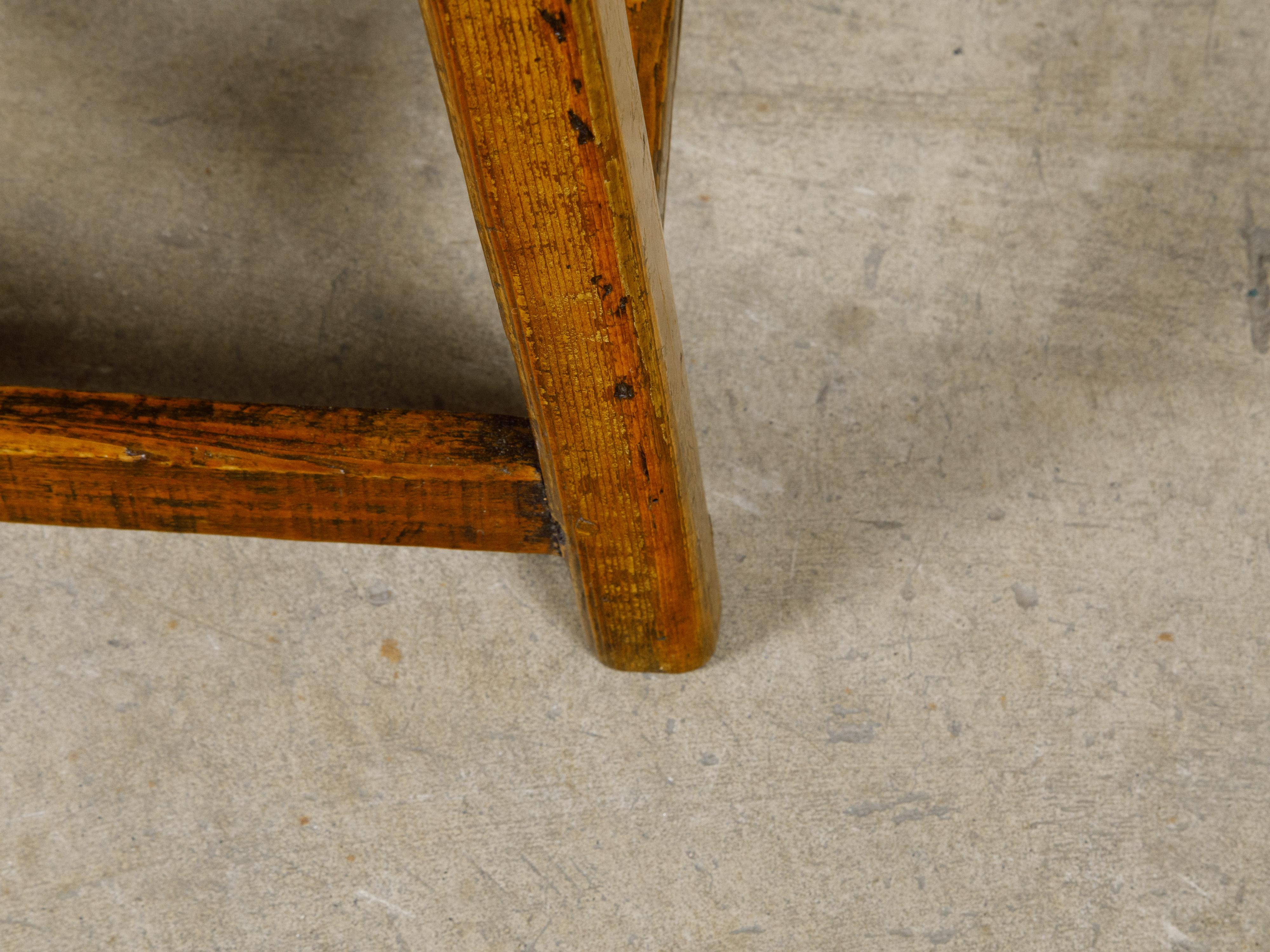 English 19th Century Pine Stool with Stretchers and Rustic Character For Sale 2