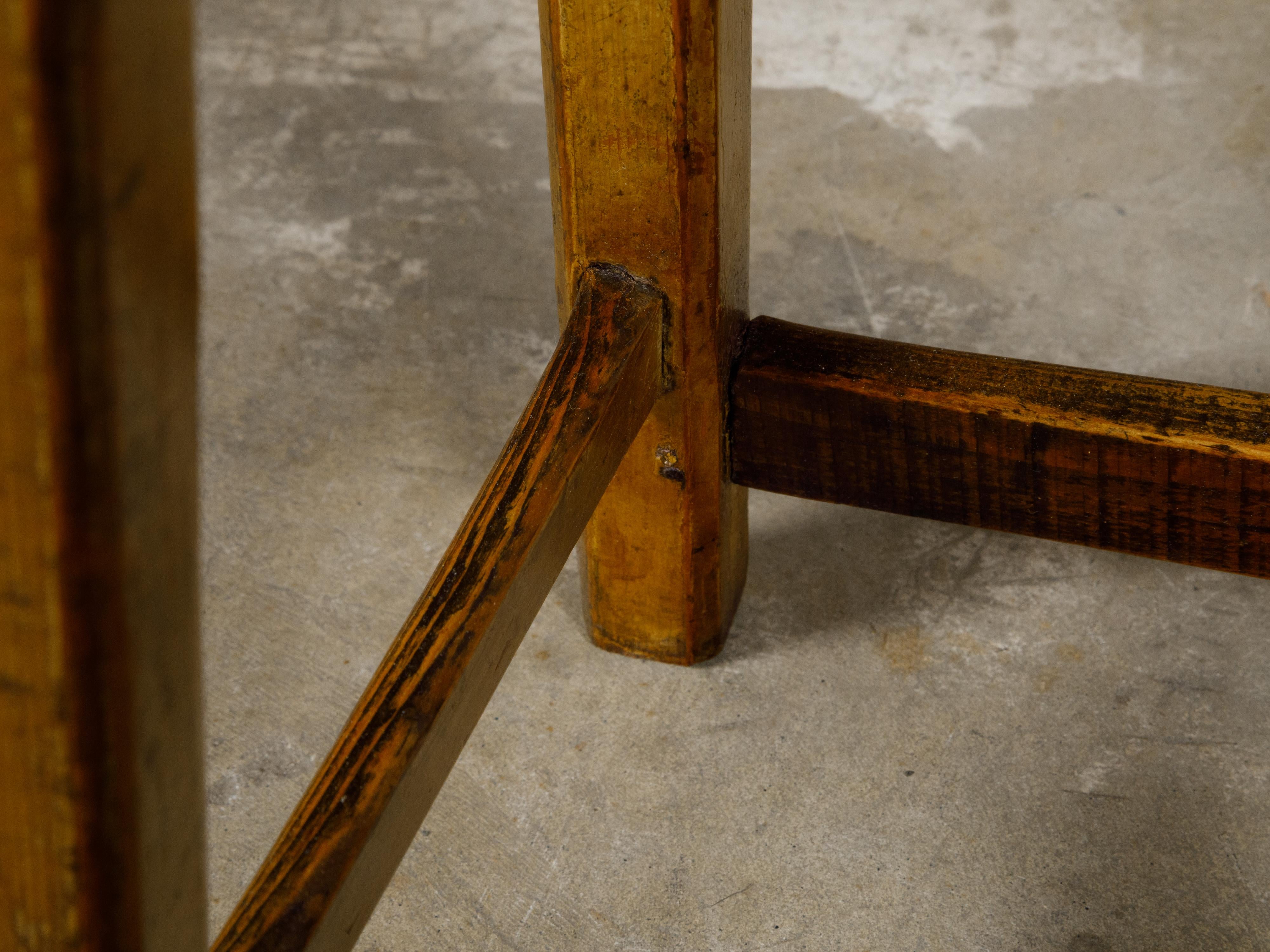 English 19th Century Pine Stool with Stretchers and Rustic Character For Sale 3