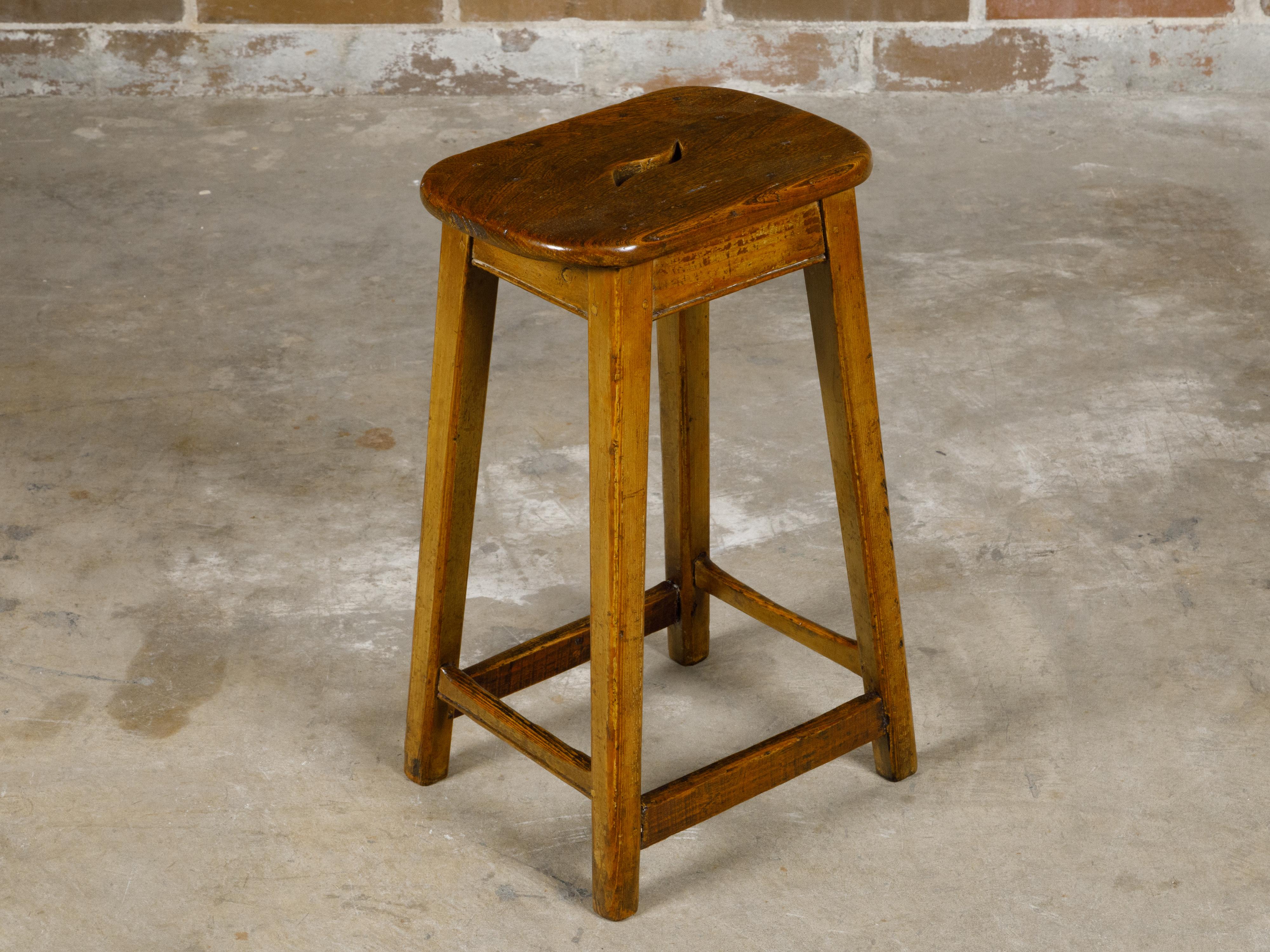 English 19th Century Pine Stool with Stretchers and Rustic Character For Sale 4