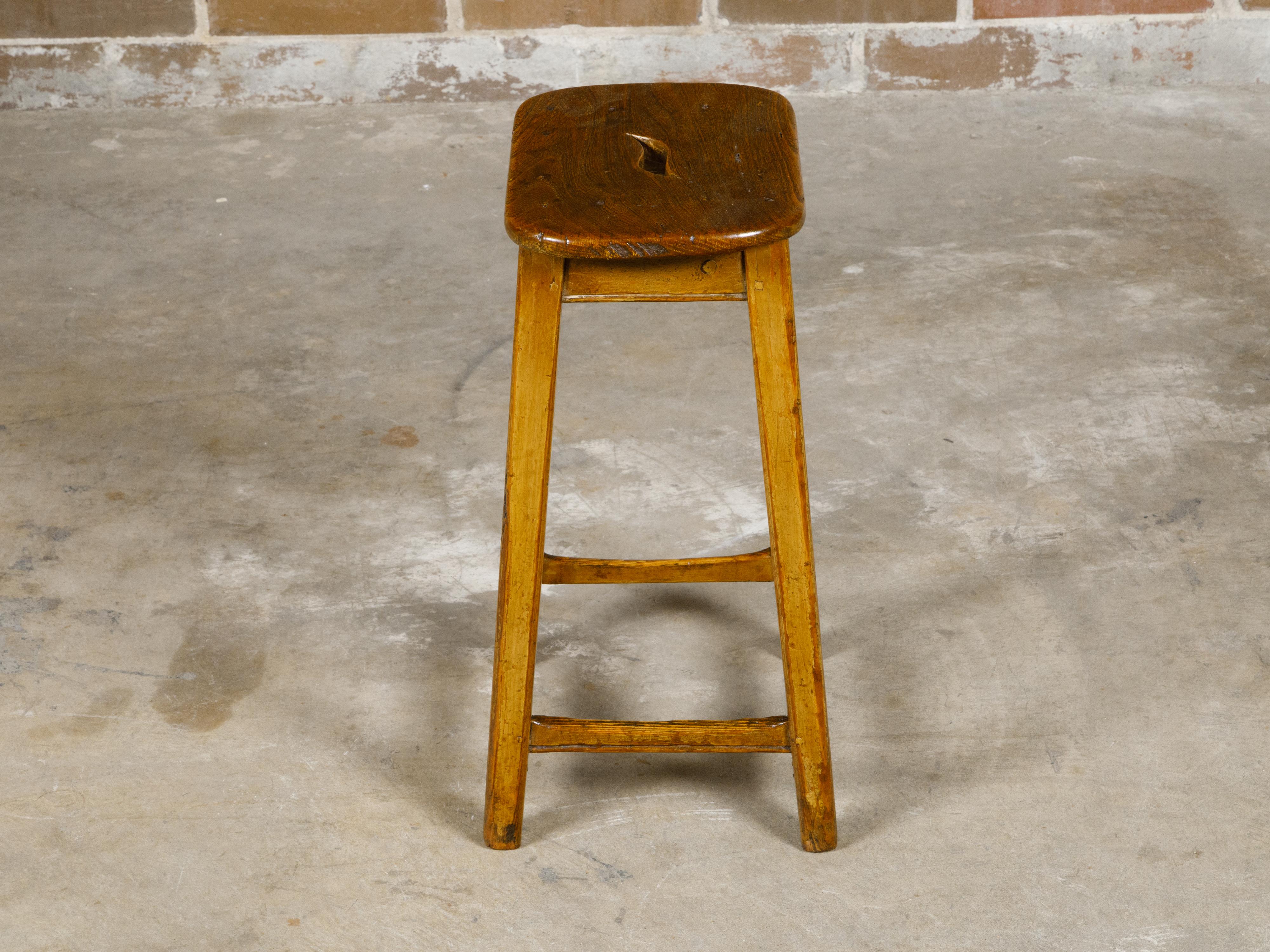 English 19th Century Pine Stool with Stretchers and Rustic Character For Sale 5
