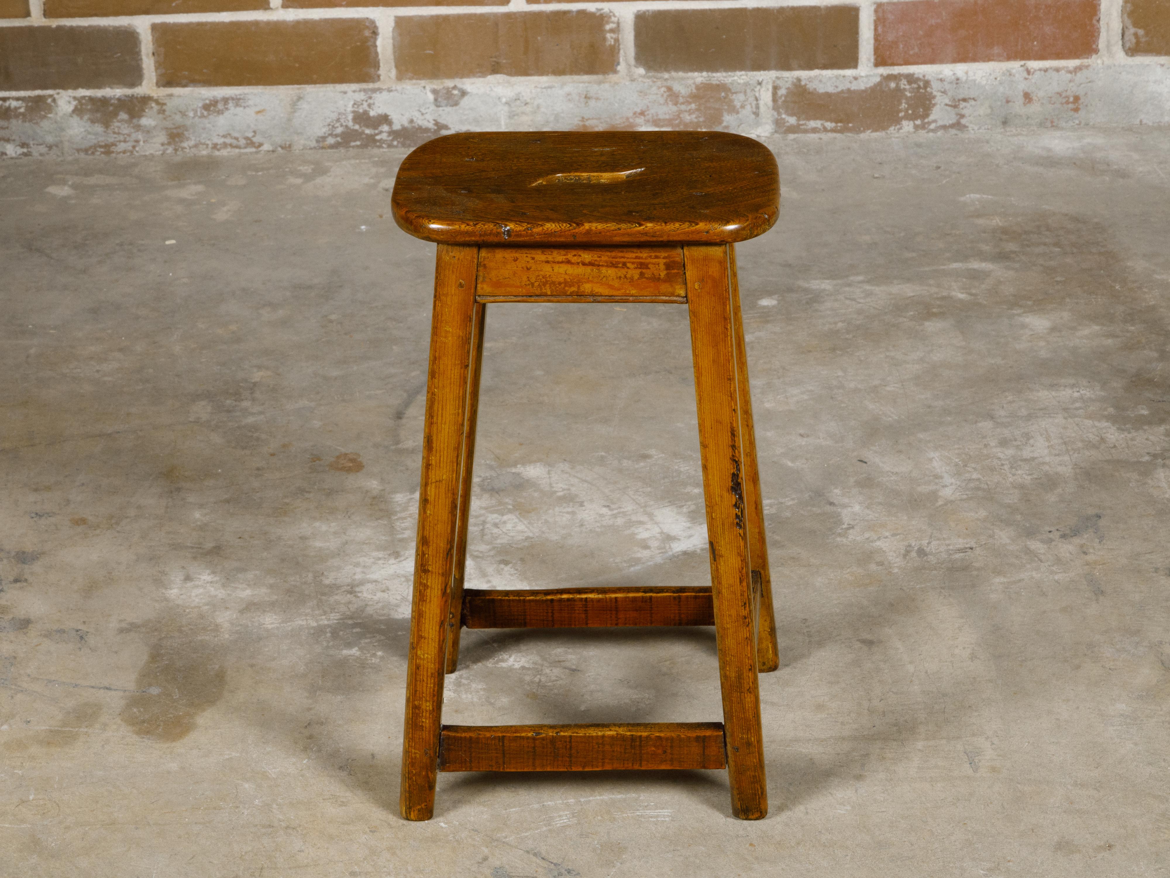 English 19th Century Pine Stool with Stretchers and Rustic Character For Sale 6