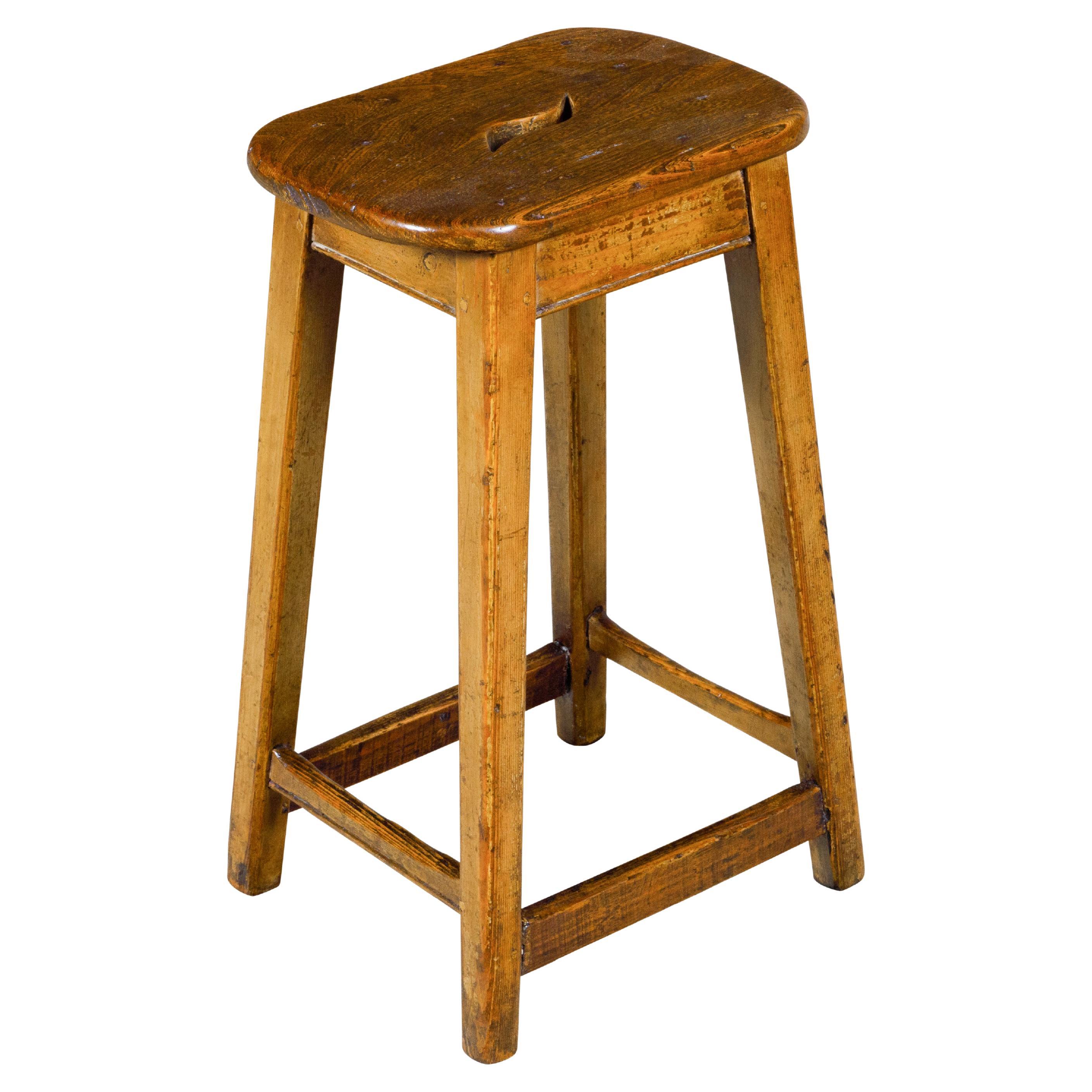 English 19th Century Pine Stool with Stretchers and Rustic Character For Sale
