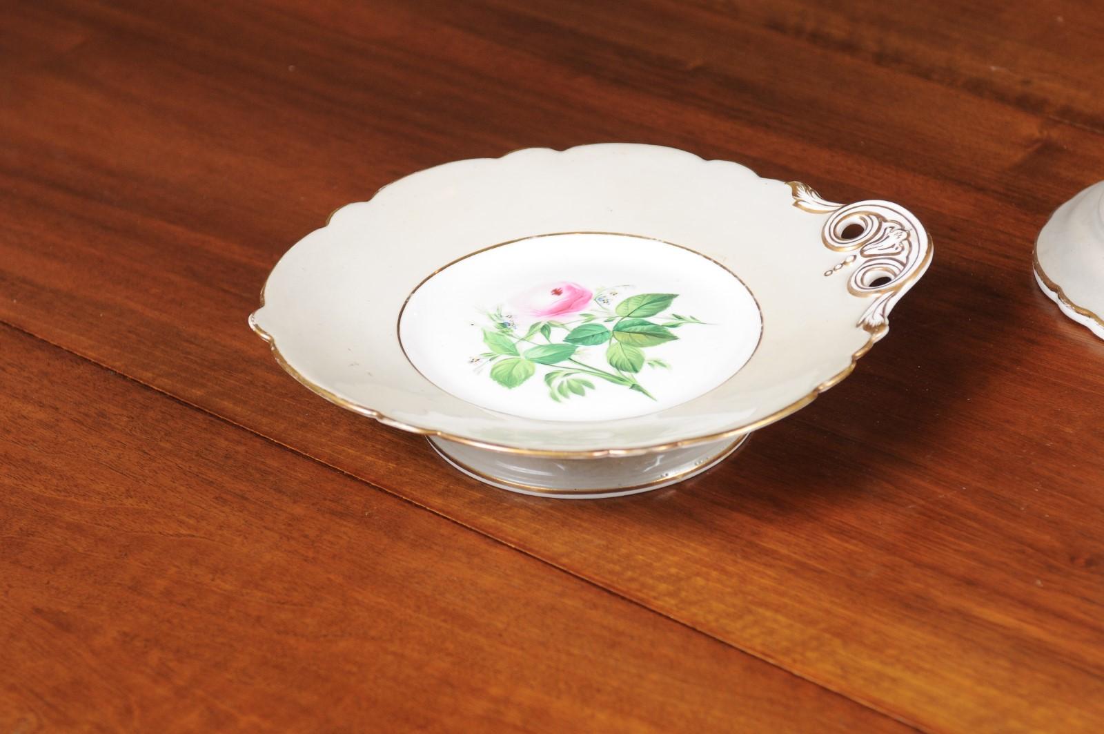 English 19th Century Porcelain Plates and Compote with Floral Décor, Sold Each 1