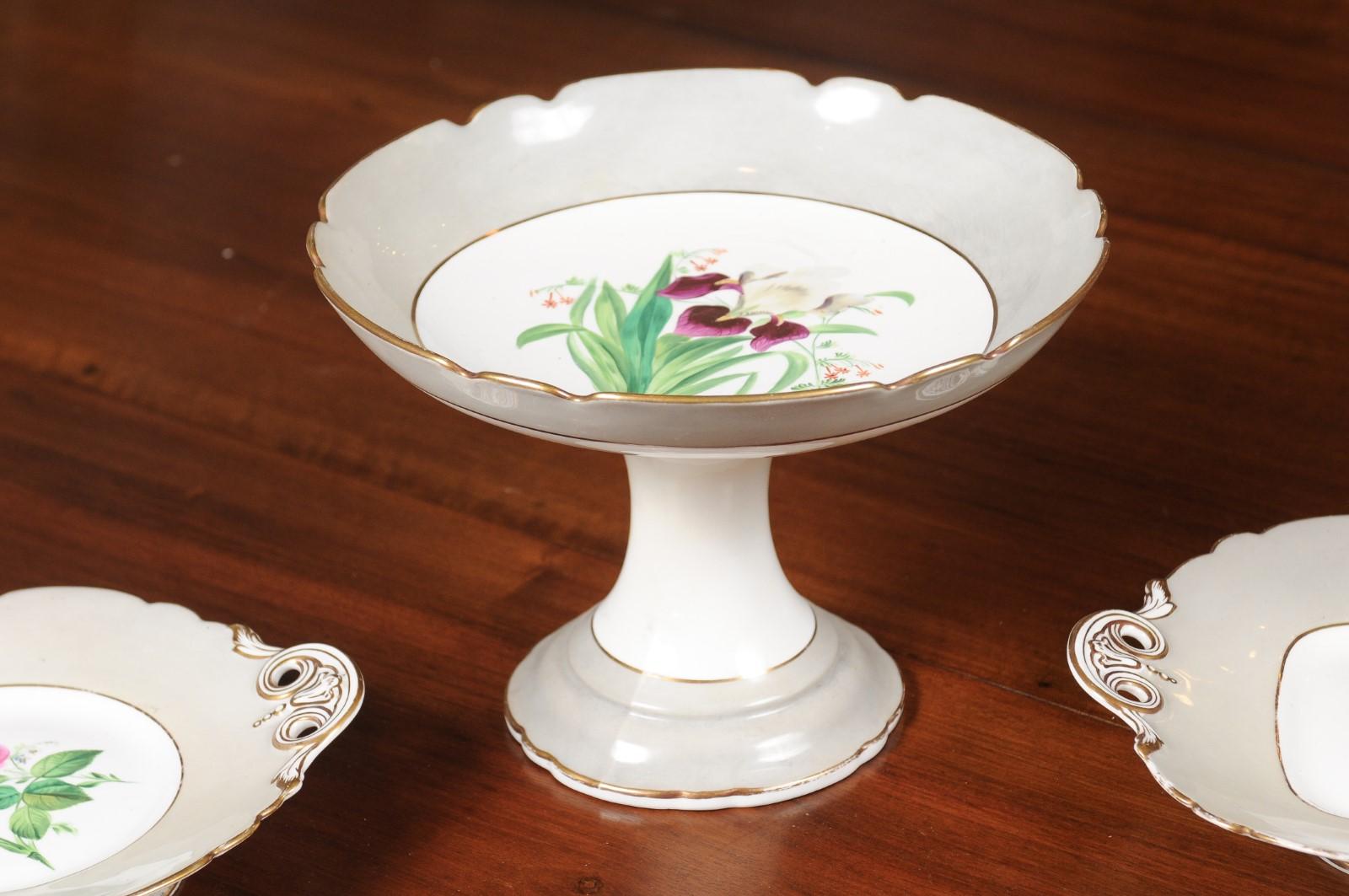 English 19th Century Porcelain Plates and Compote with Floral Décor, Sold Each 2