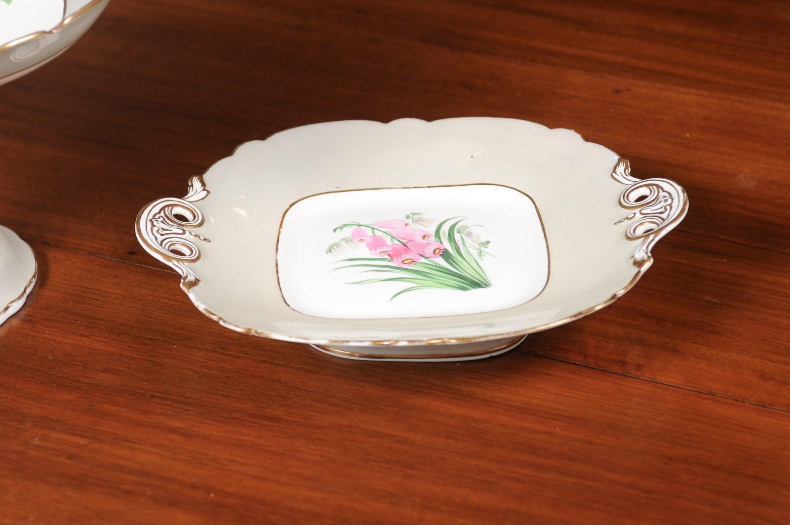 English 19th Century Porcelain Plates and Compote with Floral Décor, Sold Each For Sale 3