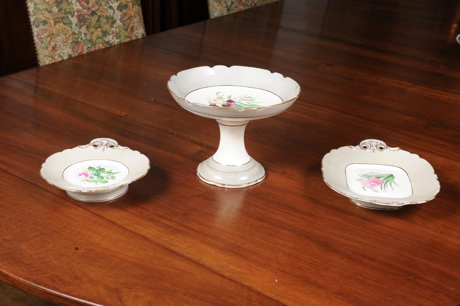 English 19th Century Porcelain Plates and Compote with Floral Décor, Sold Each For Sale 4