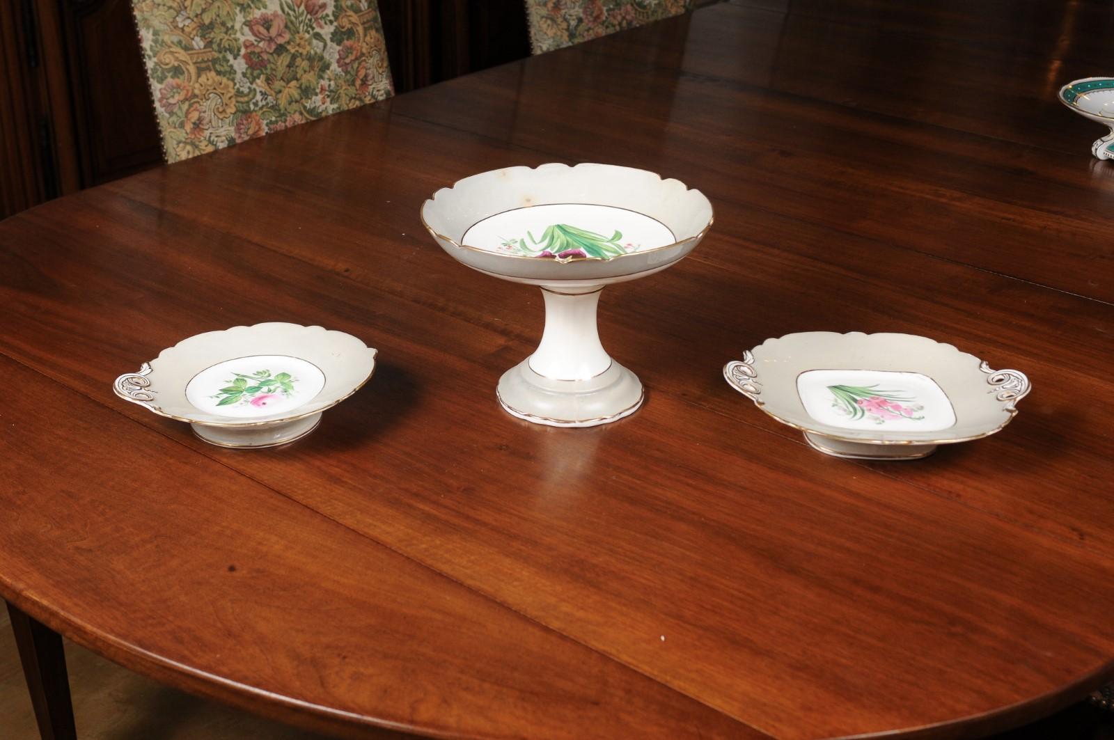 English 19th Century Porcelain Plates and Compote with Floral Décor, Sold Each 5