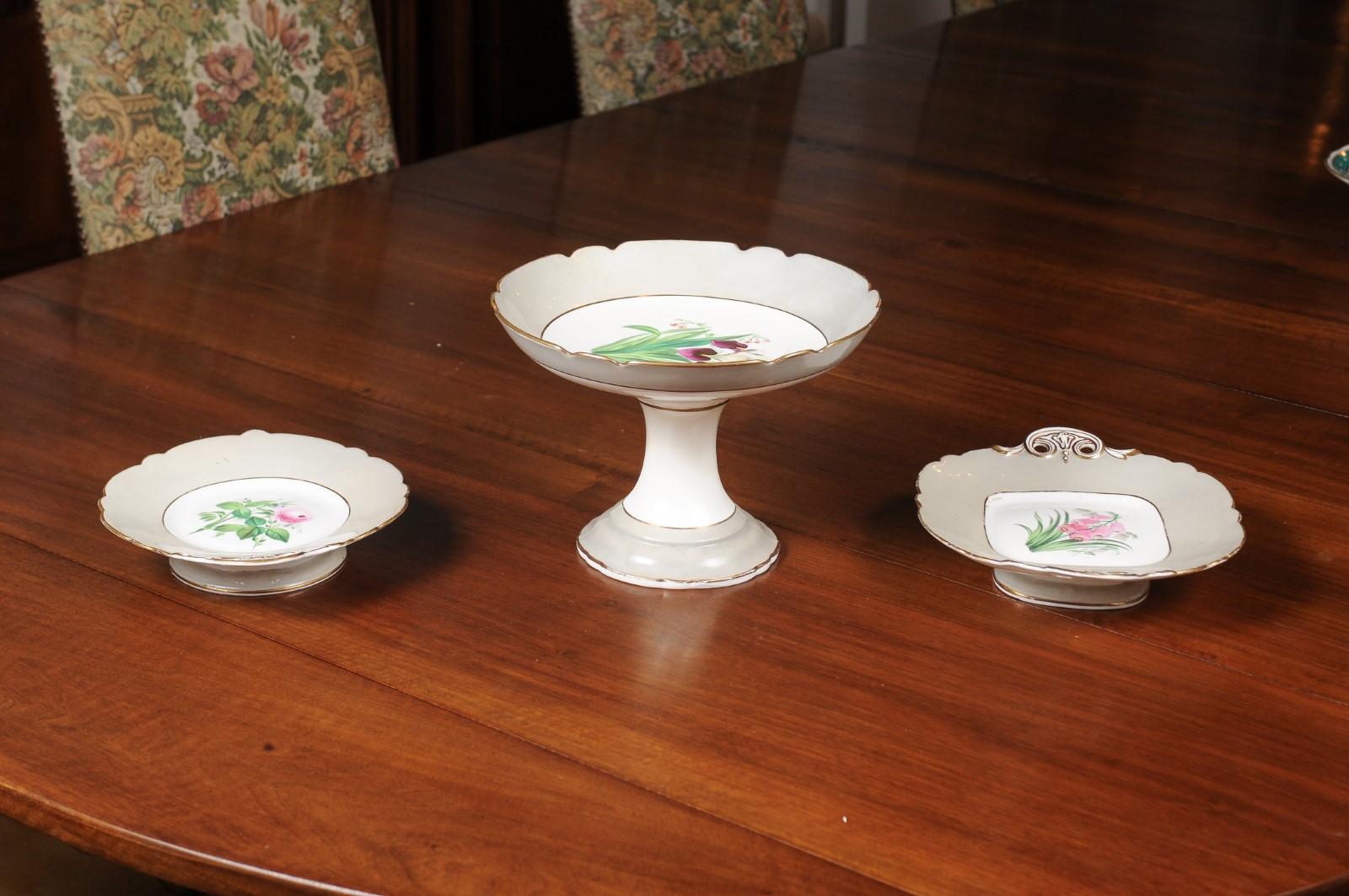 English 19th Century Porcelain Plates and Compote with Floral Décor, Sold Each For Sale 6