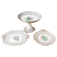 Antique English 19th Century Porcelain Plates and Compote with Floral Décor, Sold Each