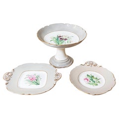 English 19th Century Porcelain Plates and Compote with Floral Décor, Sold Each