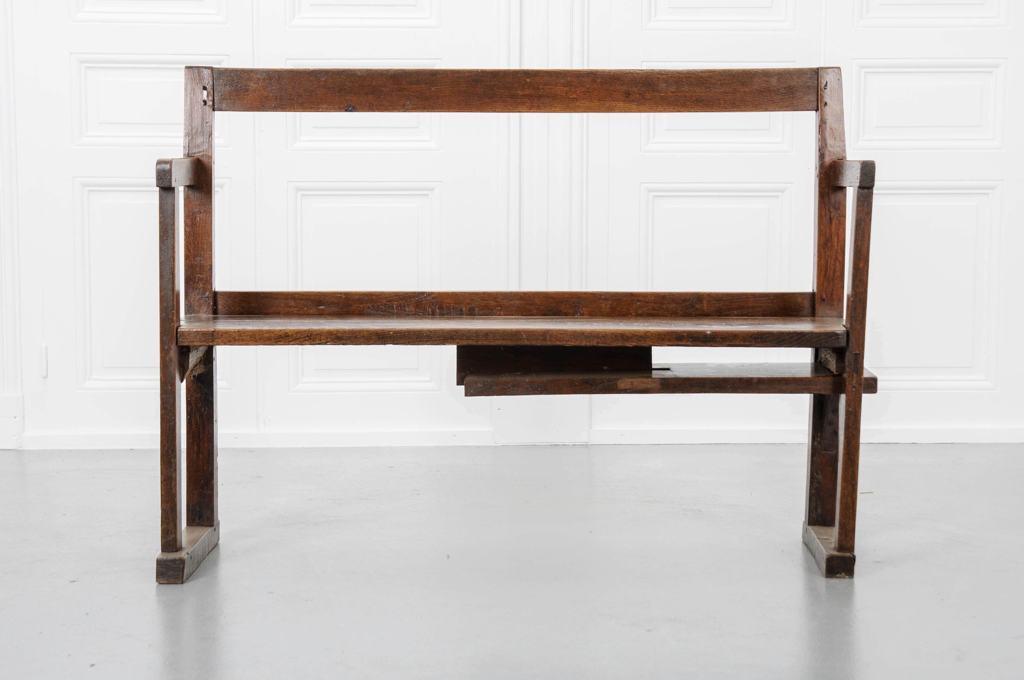 Oak English 19th Century Primitive Bench with Sliding Side Table