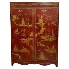English 19th Century Red Chinoiserie Armoire