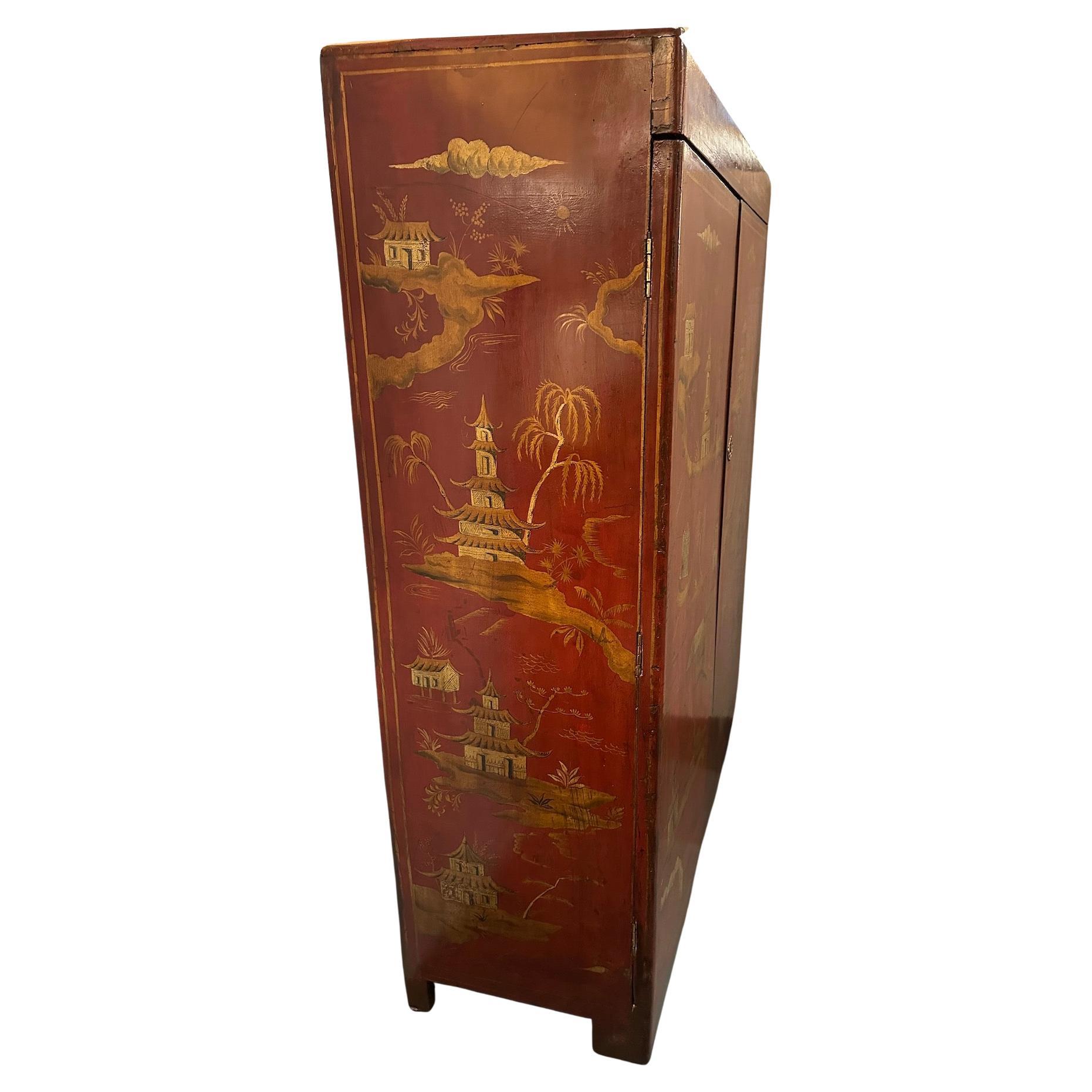 British English 19th Century Red Chinoiserie Armoire For Sale