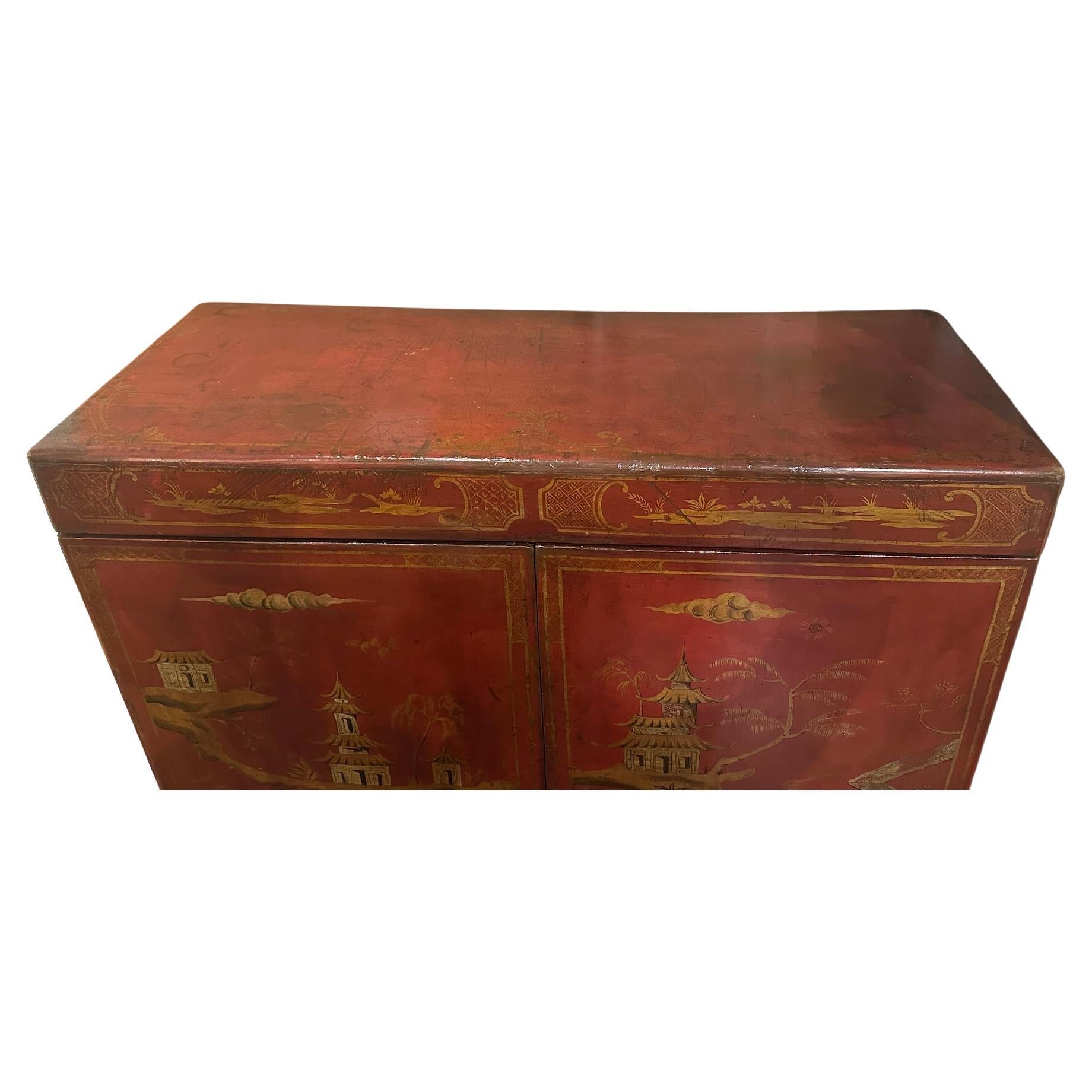 Mid-19th Century English 19th Century Red Chinoiserie Armoire For Sale