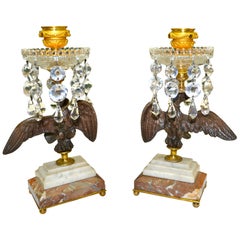 English 19th Century Regency Bronze and Crystal Eagle Candlesticks