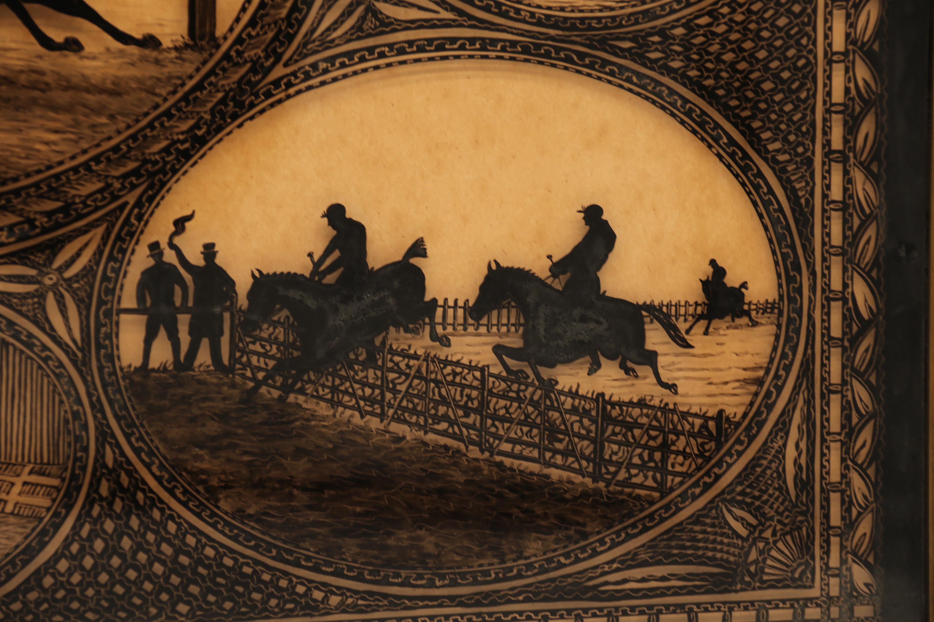 English 19th century reverse silhouette painting of equestrian scenes, C 1860 For Sale 3