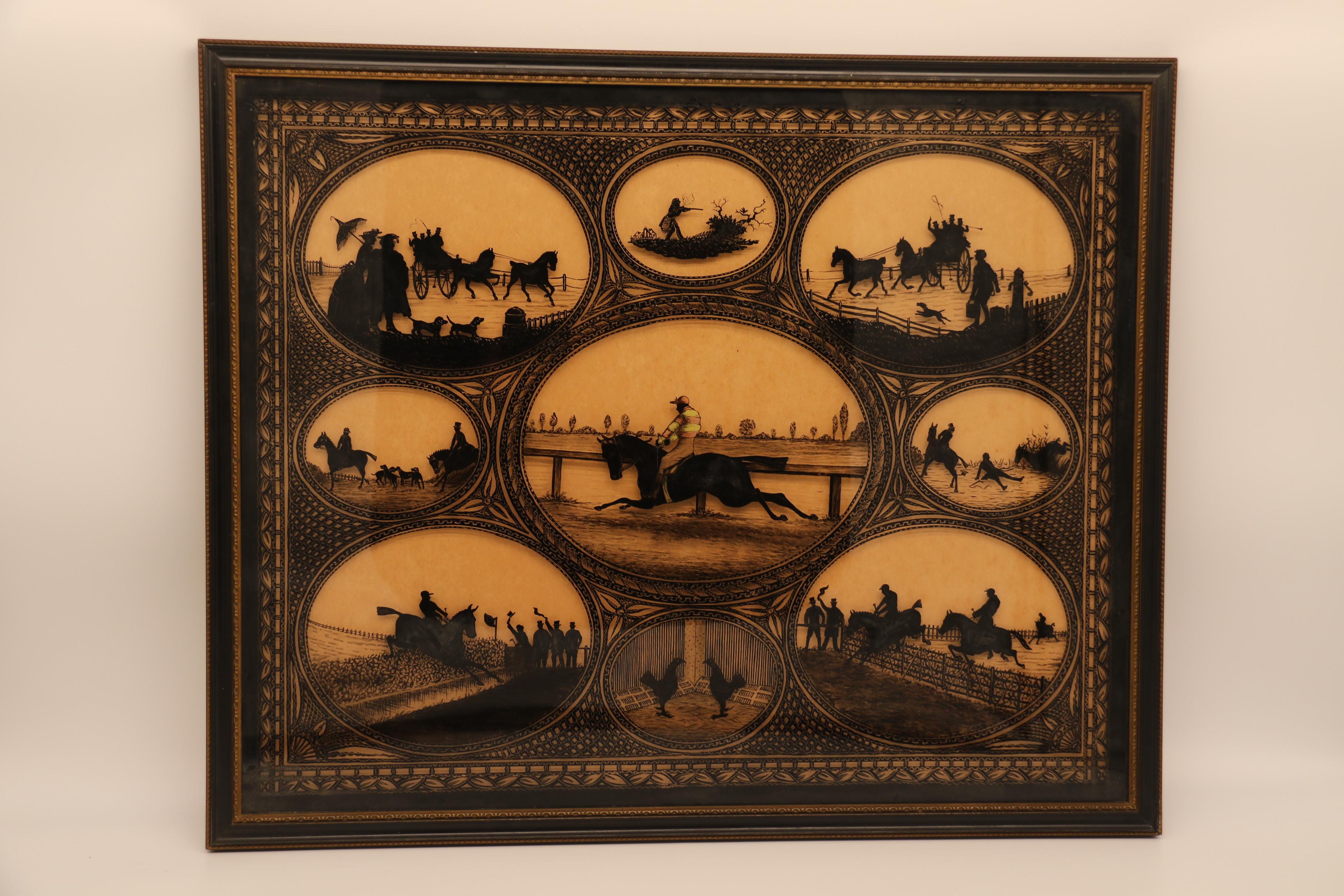 English 19th century reverse silhouette painting of equestrian scenes, C 1860 For Sale 6