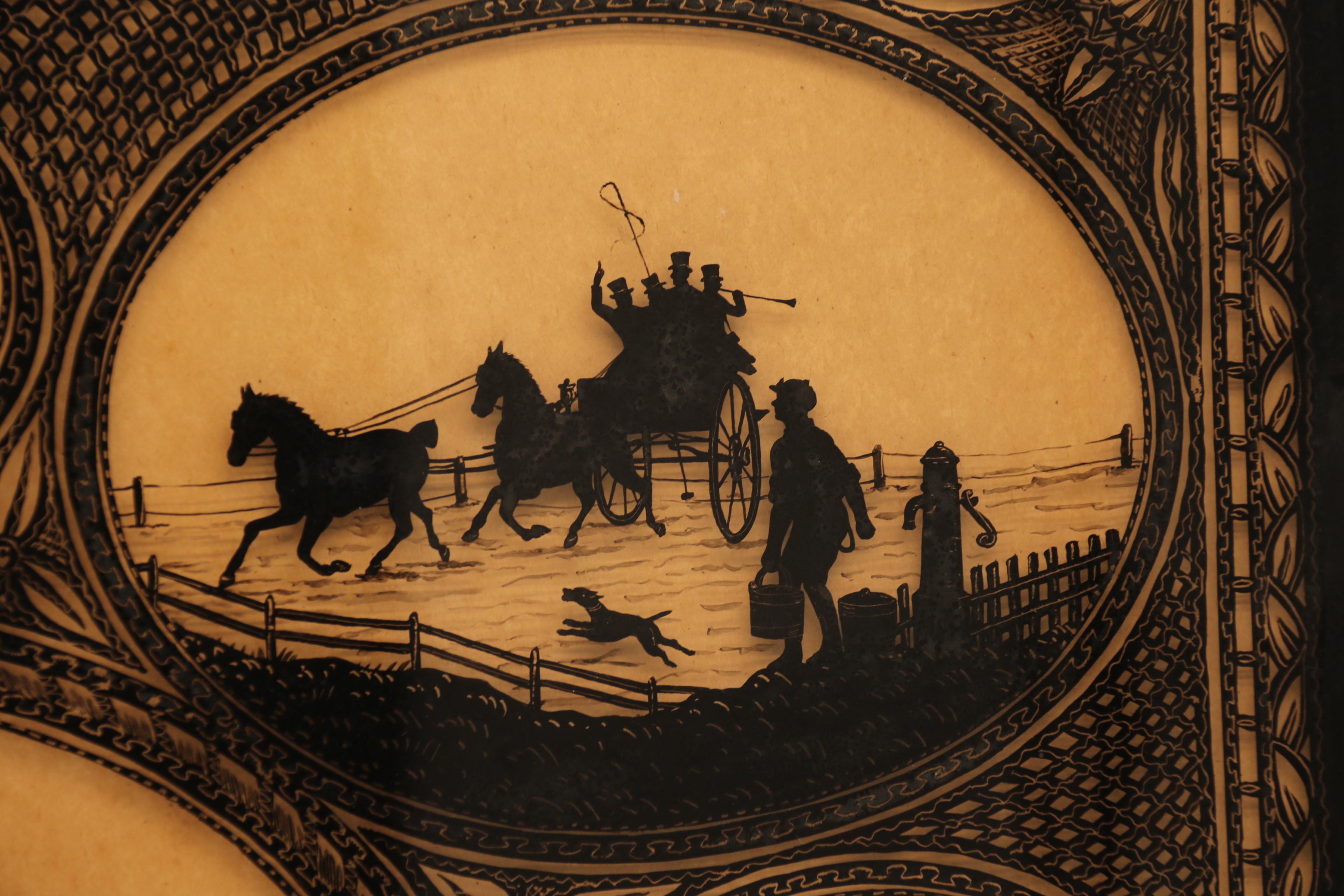 Hand-Painted English 19th century reverse silhouette painting of equestrian scenes, C 1860 For Sale