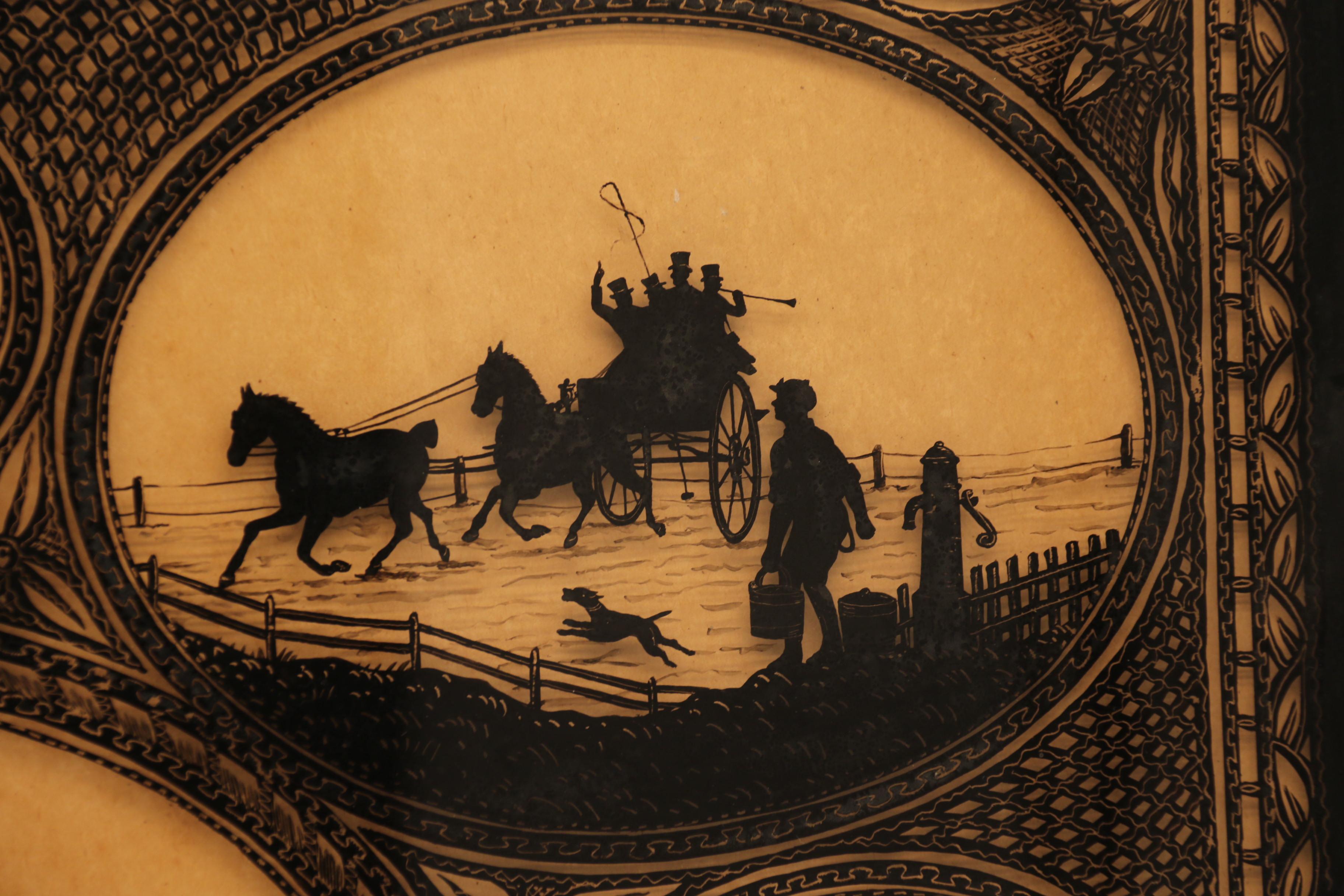 Anglais Peinture anglaise du 19ème siècle à silhouette inversée représentant des scènes d'équitation, vers 1860 en vente