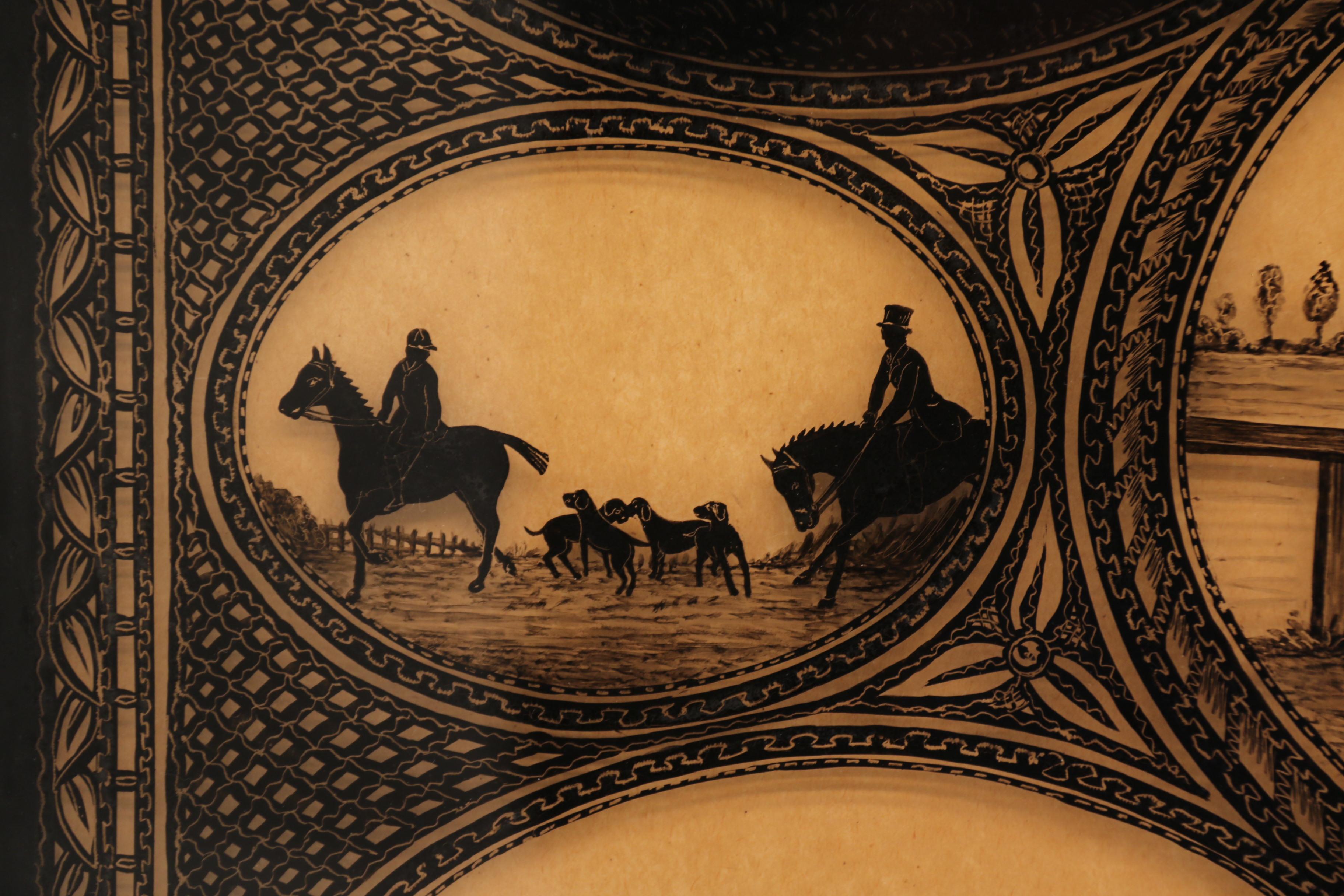 English 19th century reverse silhouette painting of equestrian scenes, C 1860 In Good Condition For Sale In Central England, GB
