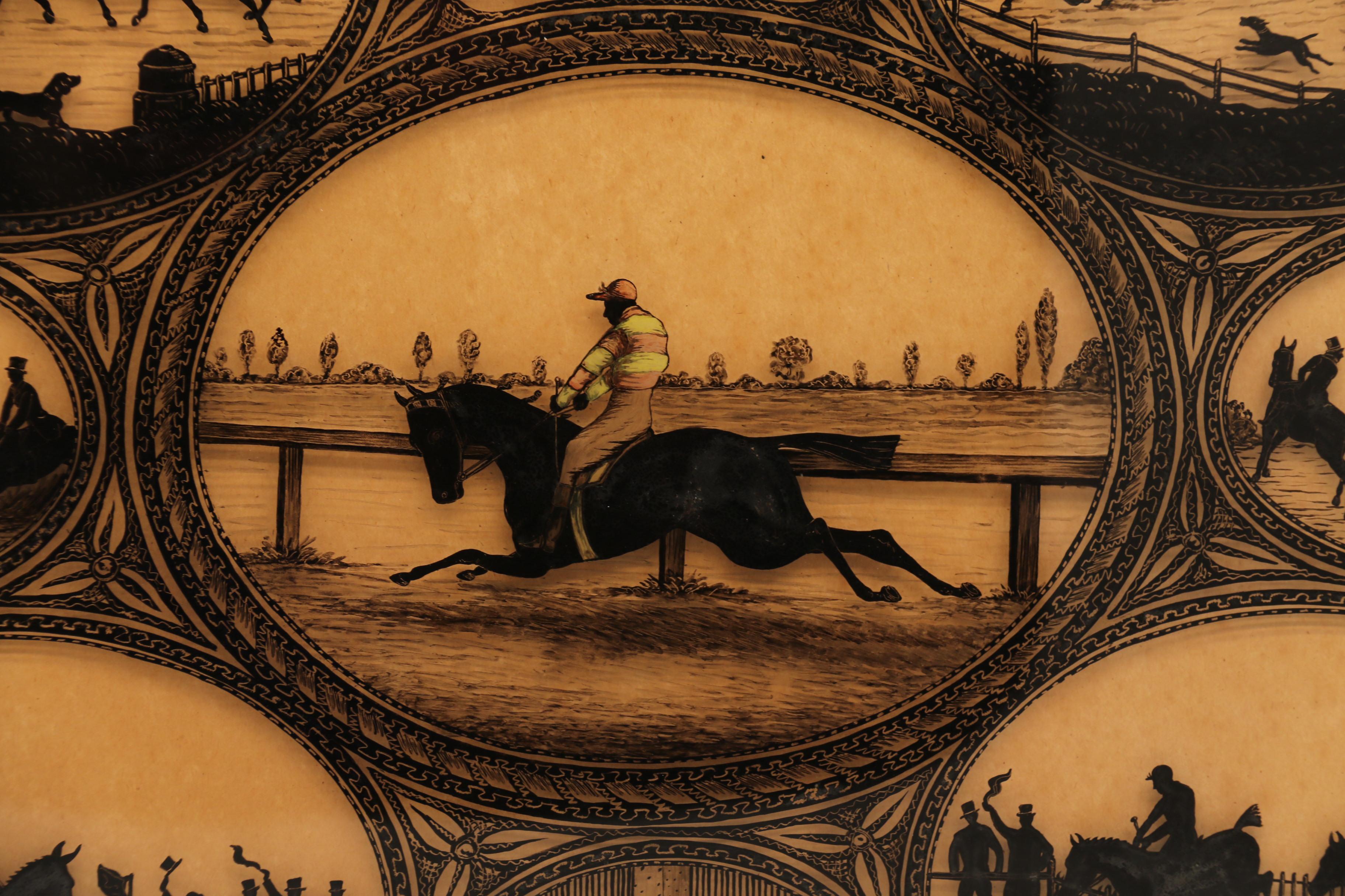 Mid-19th Century English 19th century reverse silhouette painting of equestrian scenes, C 1860 For Sale