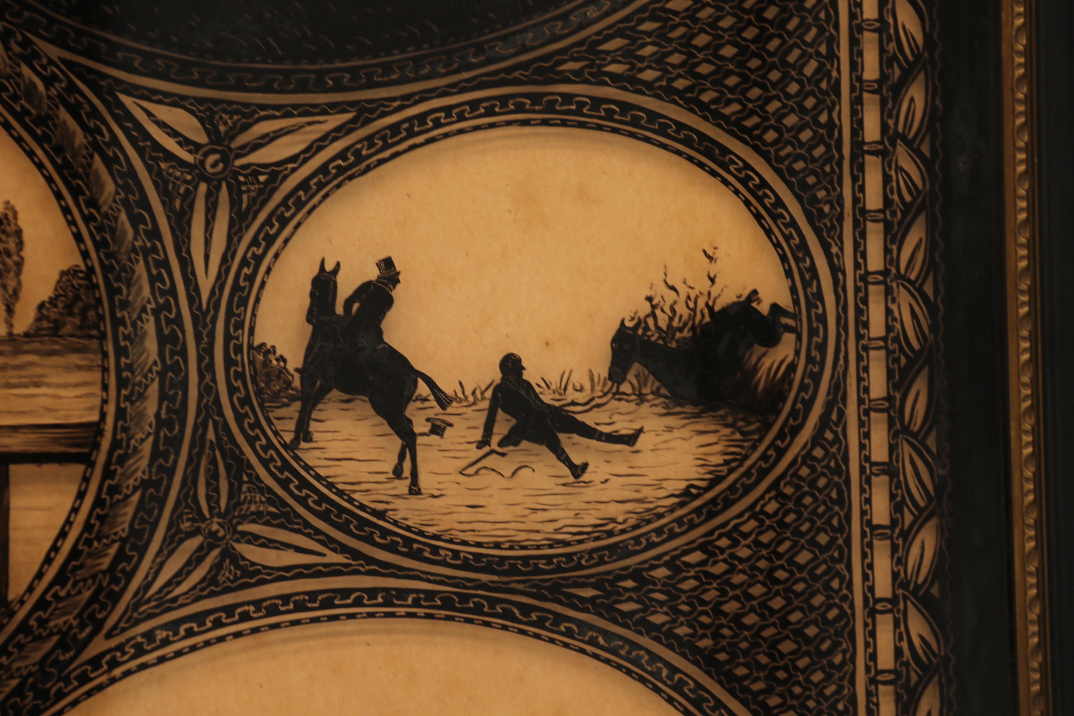 Glass English 19th century reverse silhouette painting of equestrian scenes, C 1860 For Sale
