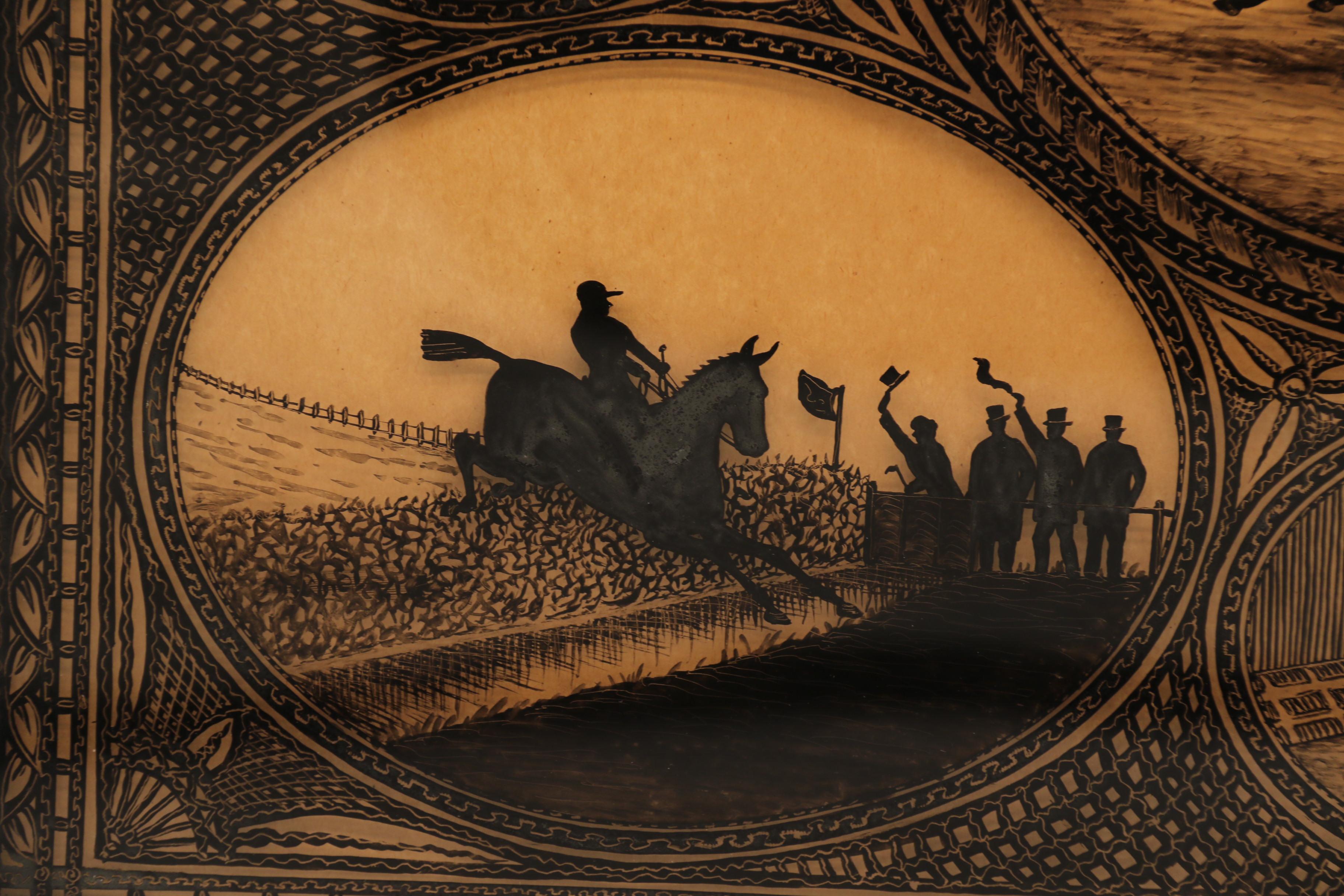 English 19th century reverse silhouette painting of equestrian scenes, C 1860 For Sale 1