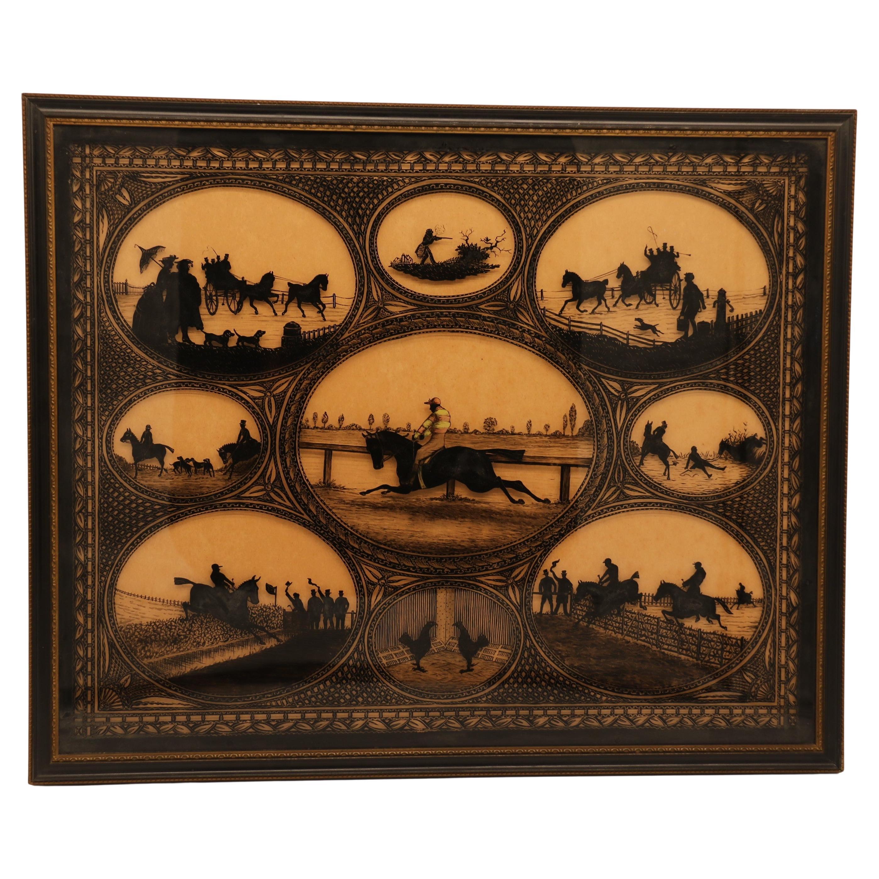 English 19th century reverse silhouette painting of equestrian scenes, C 1860