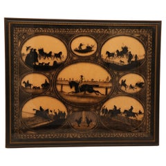 English 19th century reverse silhouette painting of equestrian scenes, C 1860