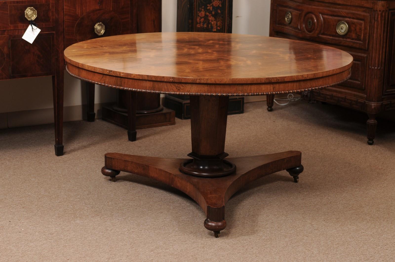 English 19th Century Rosewood Center Table with Beaded Egde and Pedestal Base and Bun feet