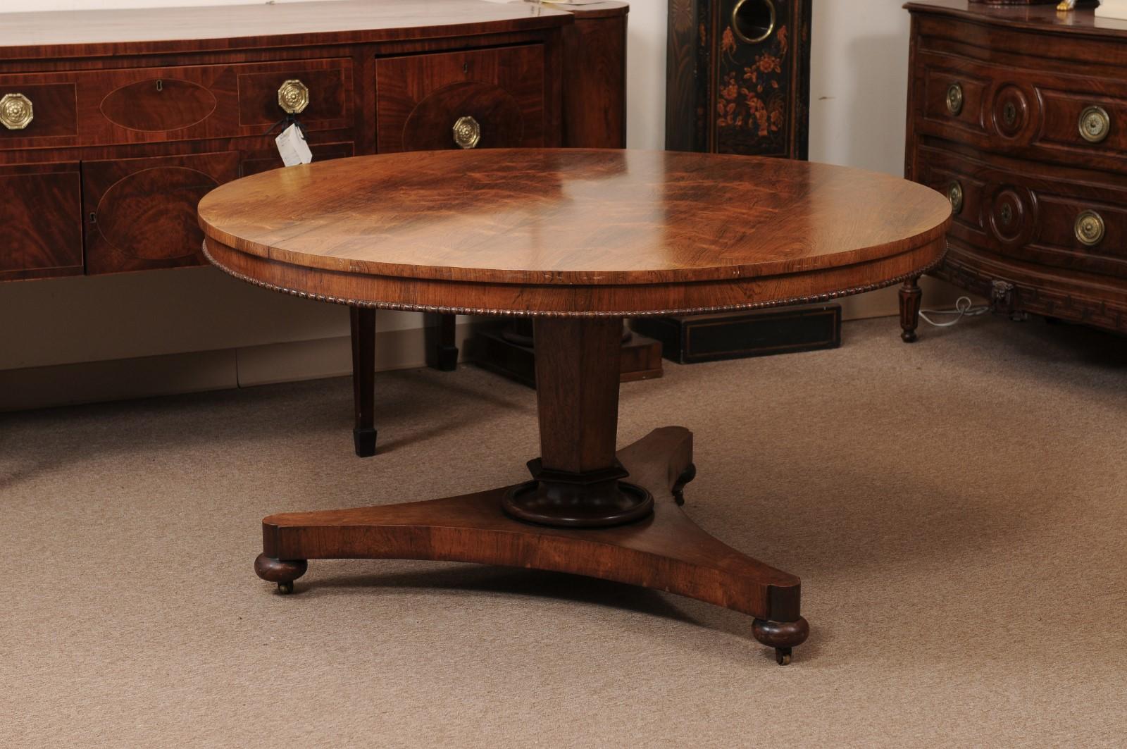 English 19th Century Rosewood Center Table with Beaded Egde and Pedestal Base an 1