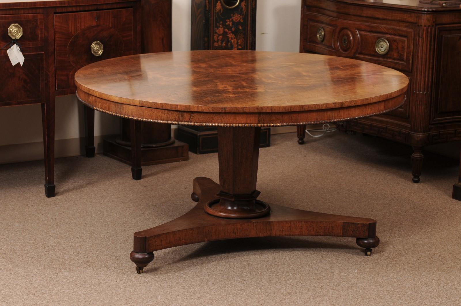English 19th Century Rosewood Center Table with Beaded Egde and Pedestal Base an 5