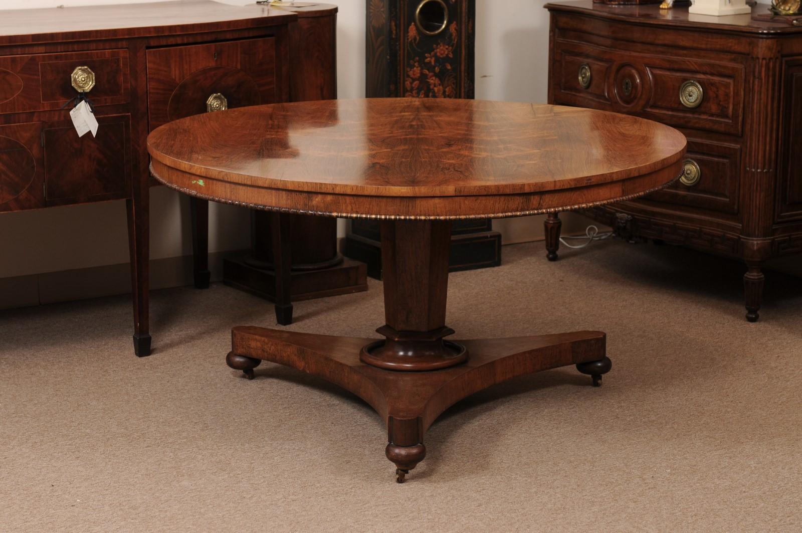 English 19th Century Rosewood Center Table with Beaded Egde and Pedestal Base an 6