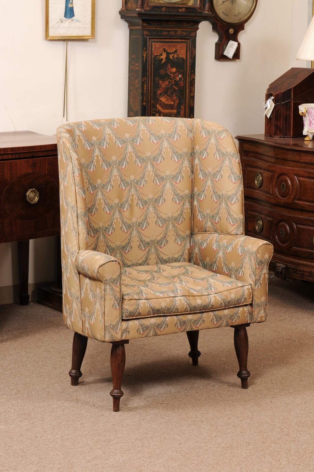 English 19th Century Rosewood Upholstered Barrel Wing Back Chair In Fair Condition For Sale In Atlanta, GA