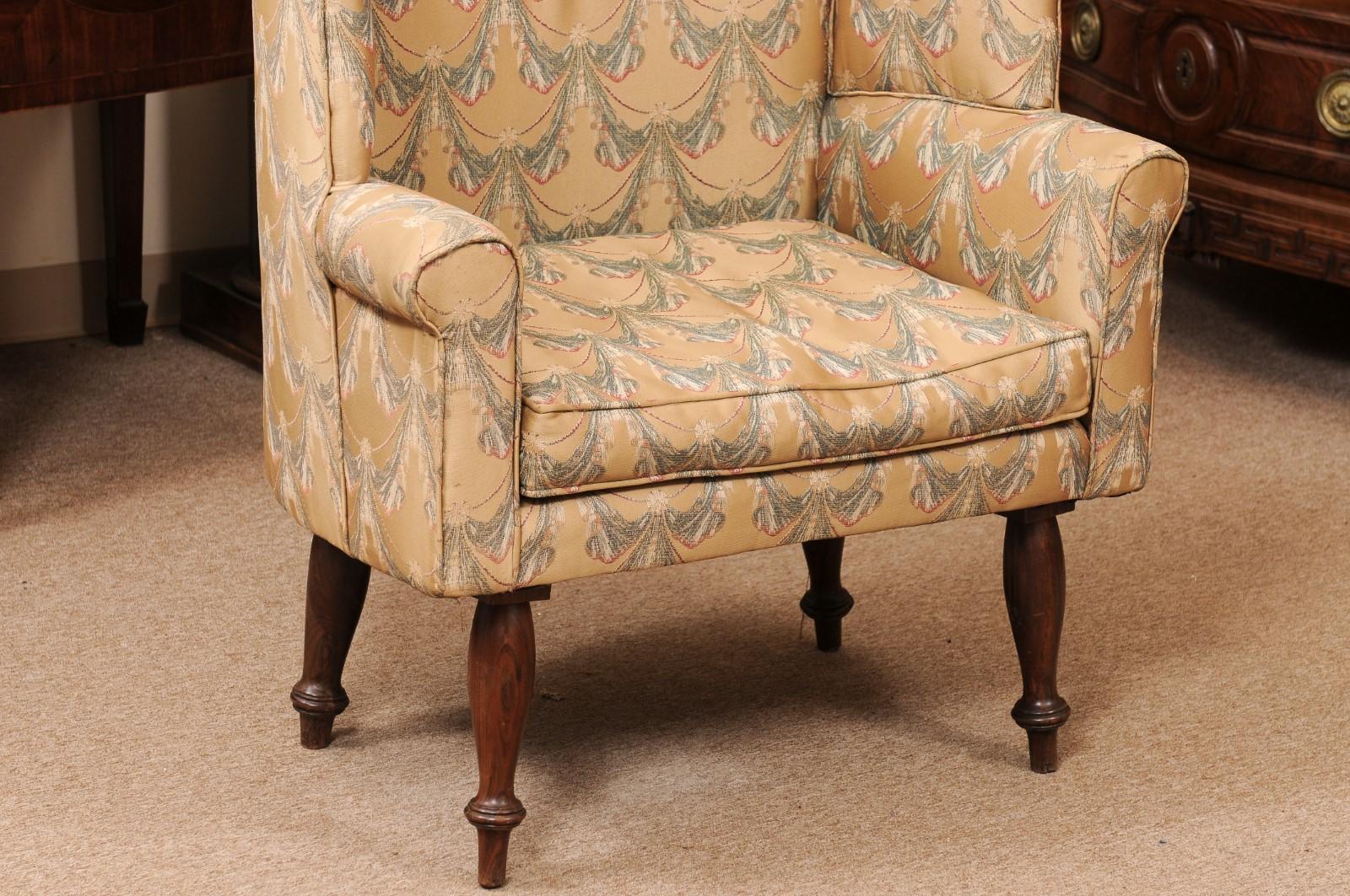 Upholstery English 19th Century Rosewood Upholstered Barrel Wing Back Chair For Sale