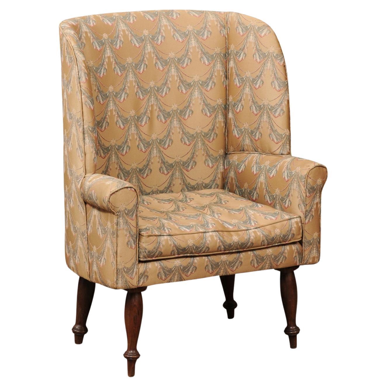 English 19th Century Rosewood Upholstered Barrel Wing Back Chair For Sale