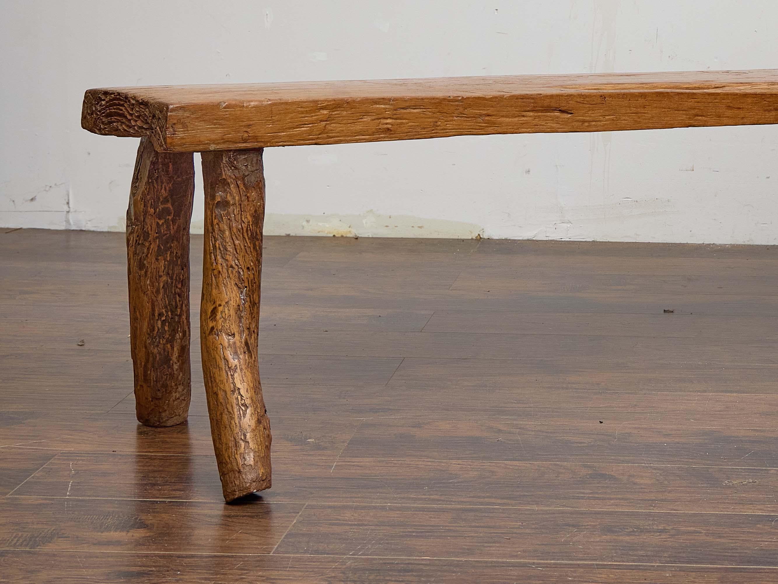 English 19th Century Rustic Elm Bench with Branch-Form Legs For Sale 1