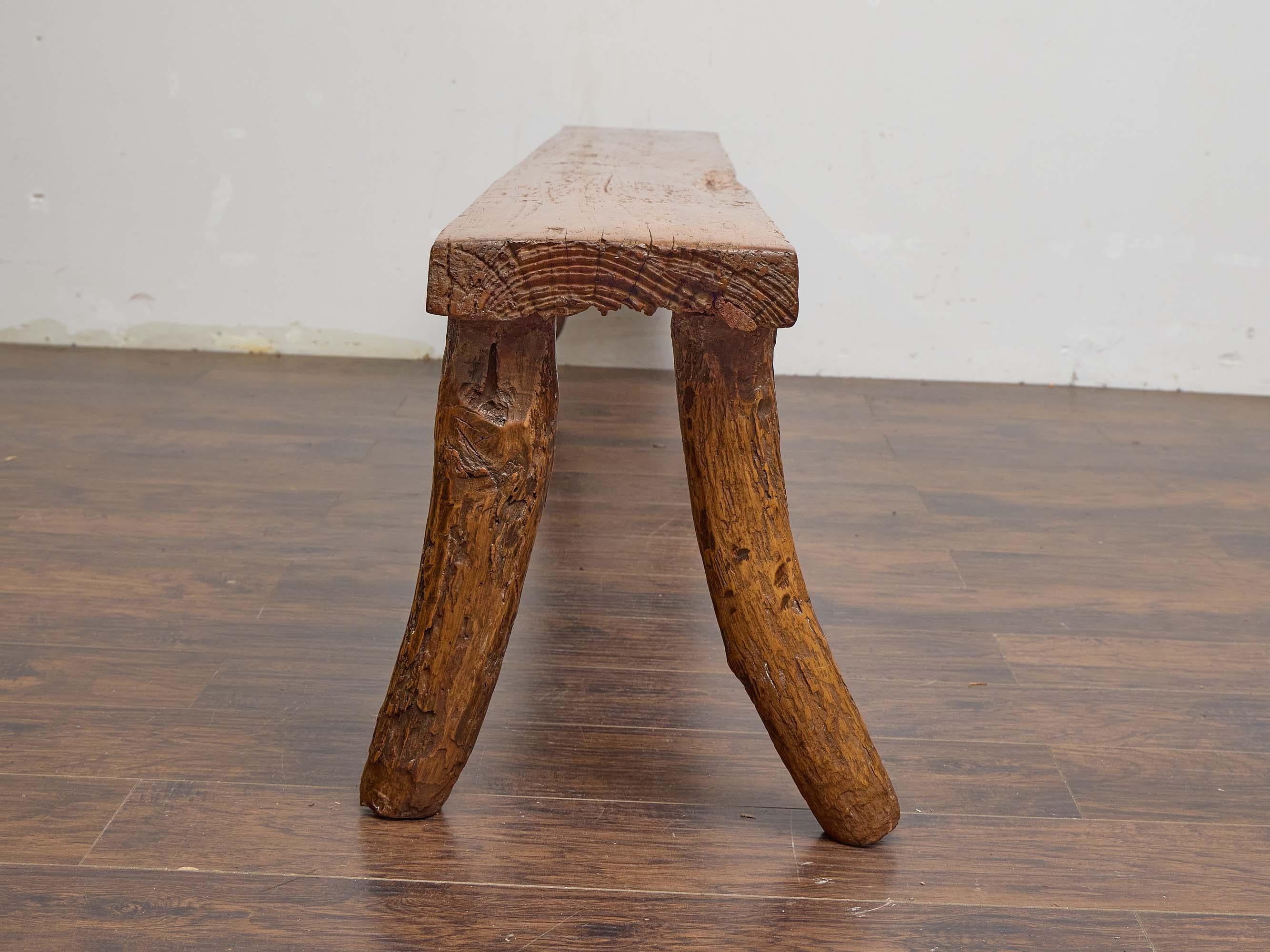 English 19th Century Rustic Elm Bench with Branch-Form Legs For Sale 3