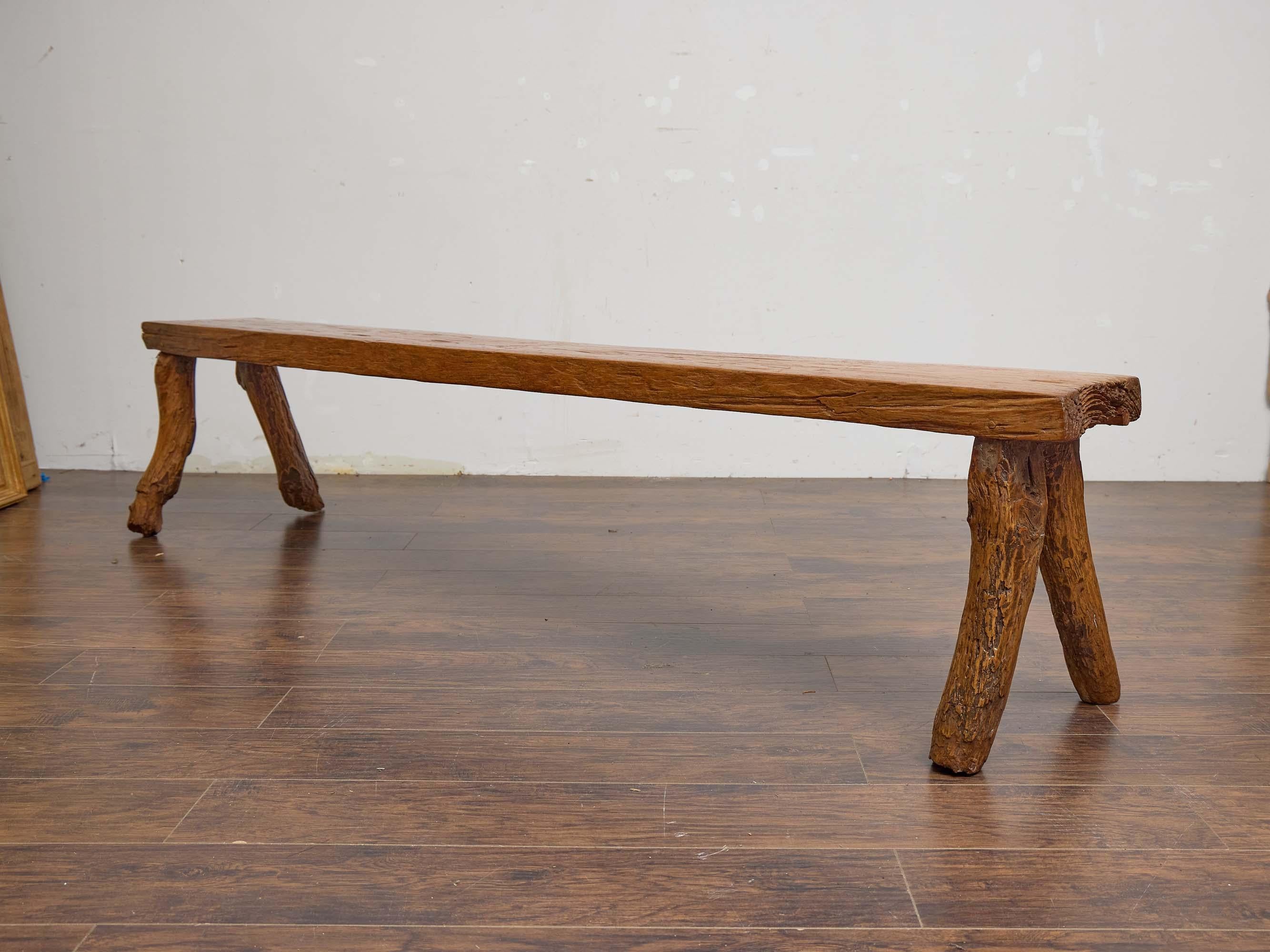 English 19th Century Rustic Elm Bench with Branch-Form Legs For Sale 4
