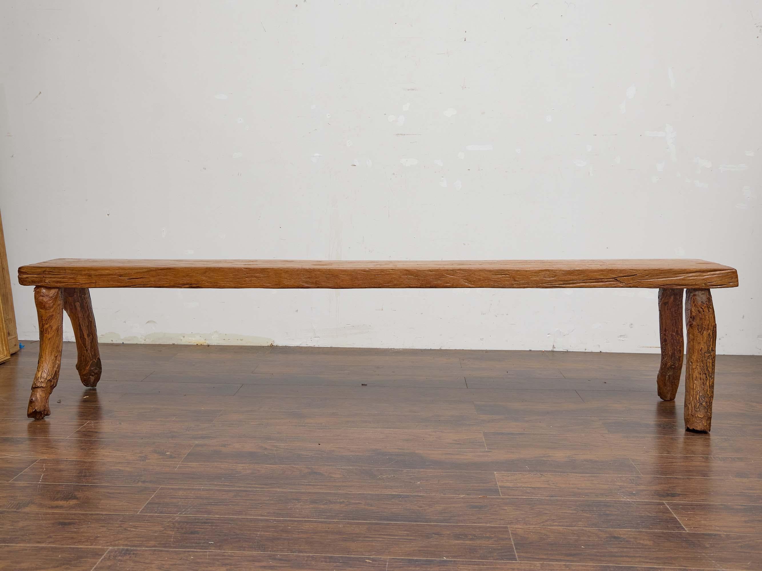 English 19th Century Rustic Elm Bench with Branch-Form Legs For Sale 5