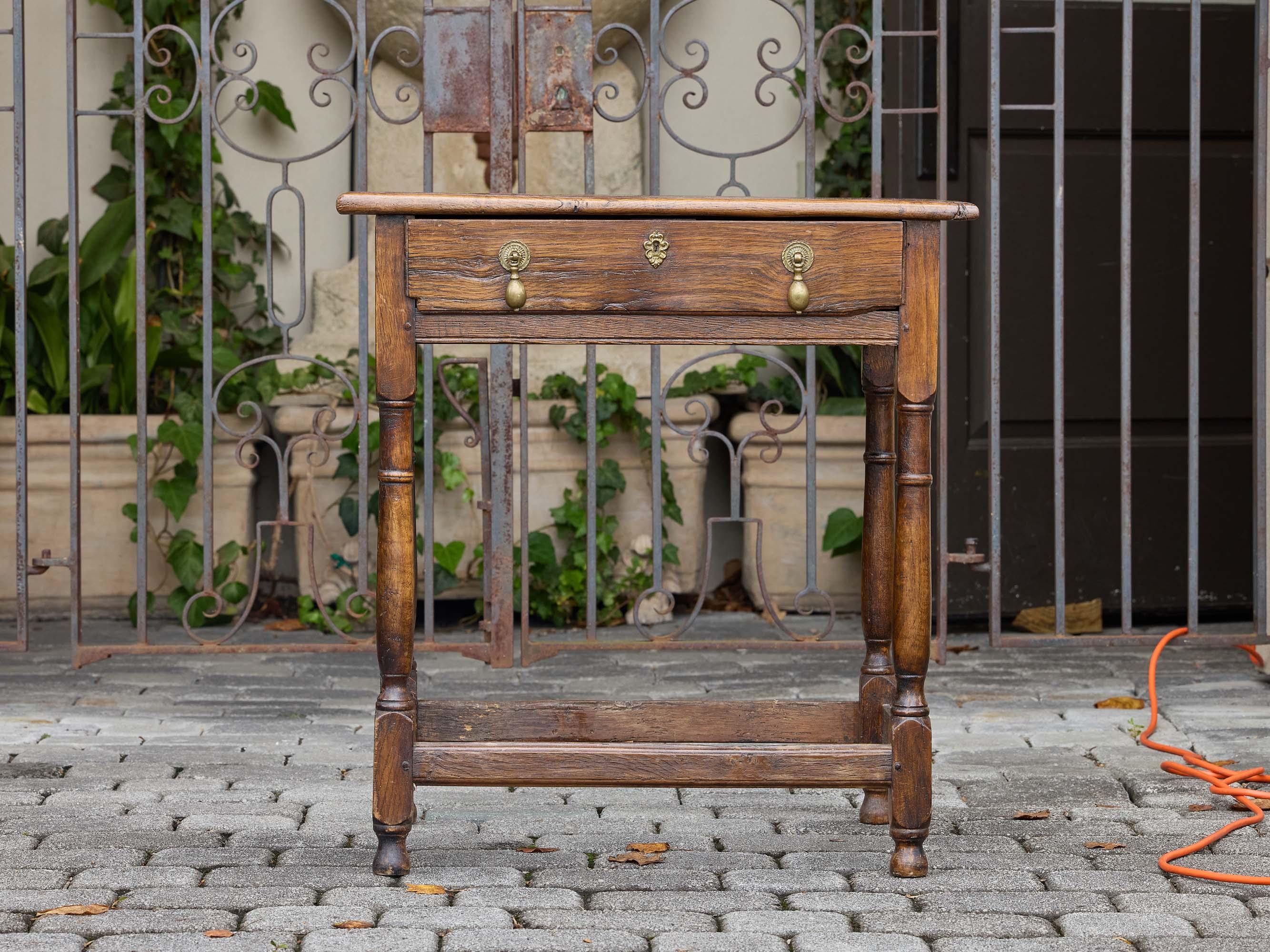 English 19th Century Rustic Elm Table with Drawer and Stretcher Base For Sale 8