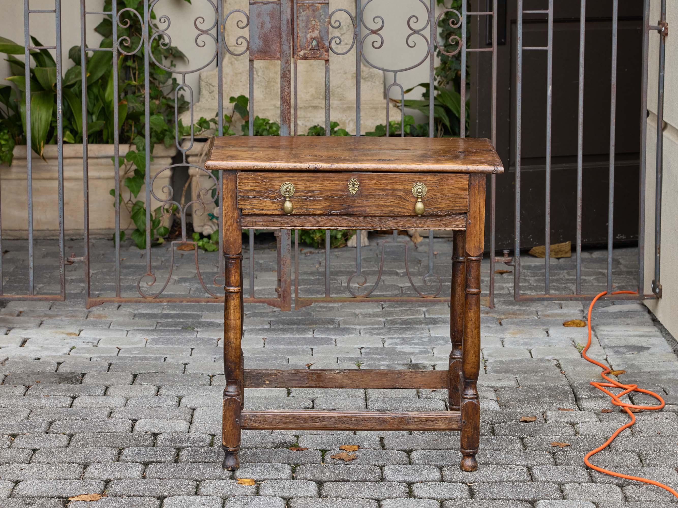 English 19th Century Rustic Elm Table with Drawer and Stretcher Base For Sale 1