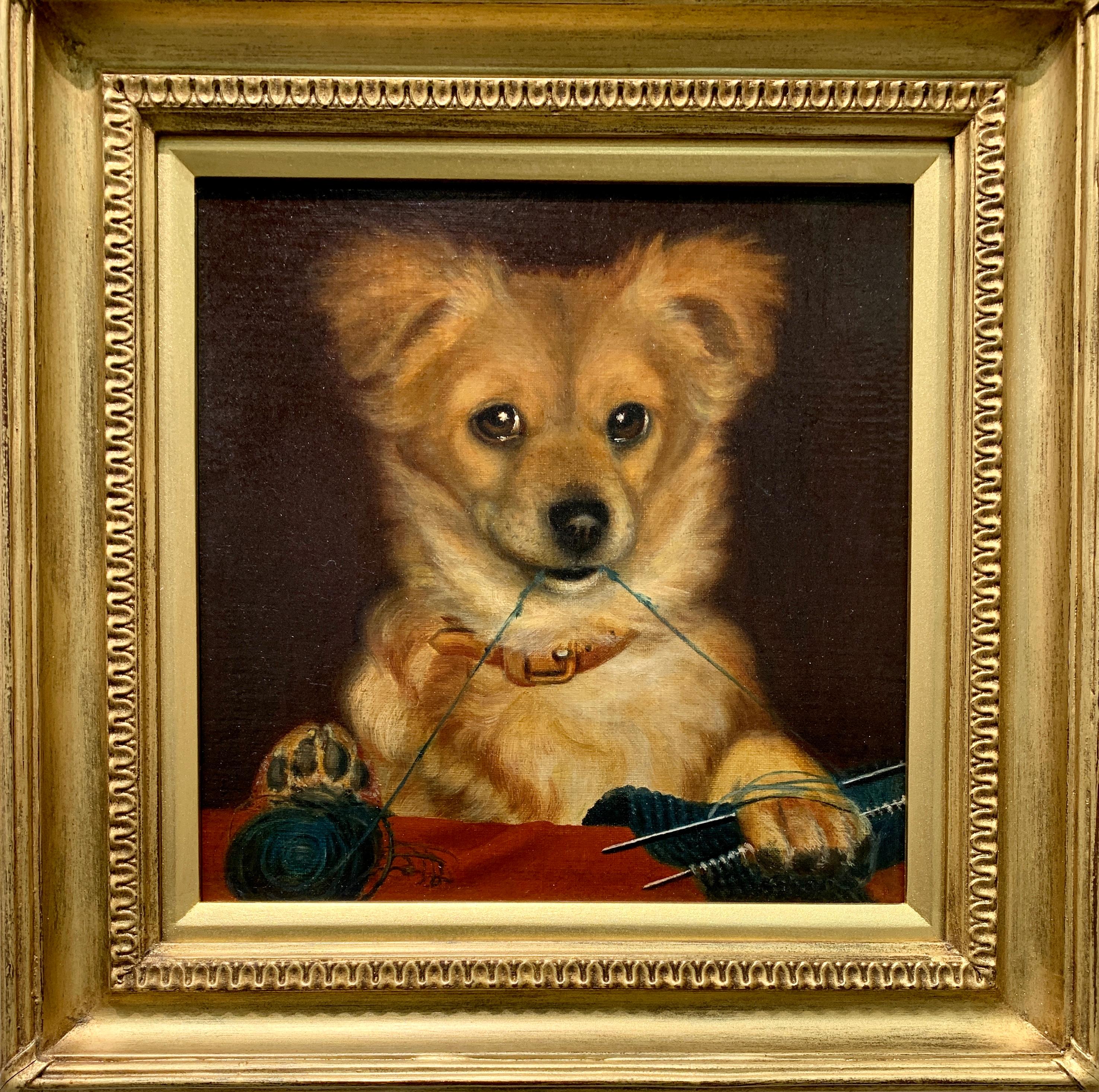 Unknown Portrait Painting - 19th century Antique English portrait of a dog holding knitting needles and wool
