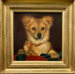 19th century Antique English portrait of a dog holding knitting needles and wool