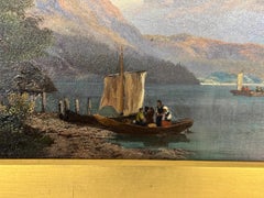 19th century English artist painting a Swiss Lake landscape with boats cottages