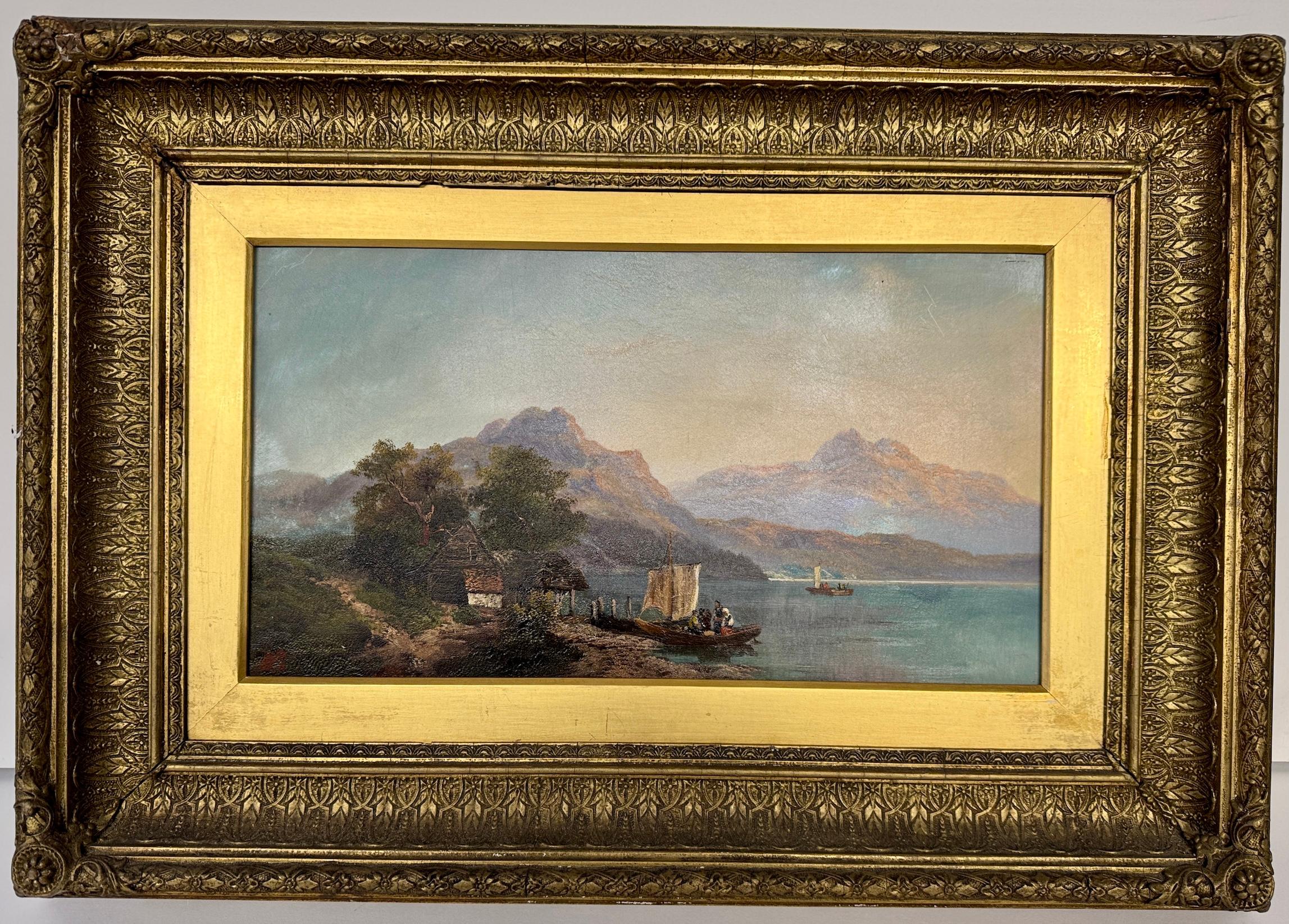 19th century English artist painting a Swiss Lake landscape with boats cottages