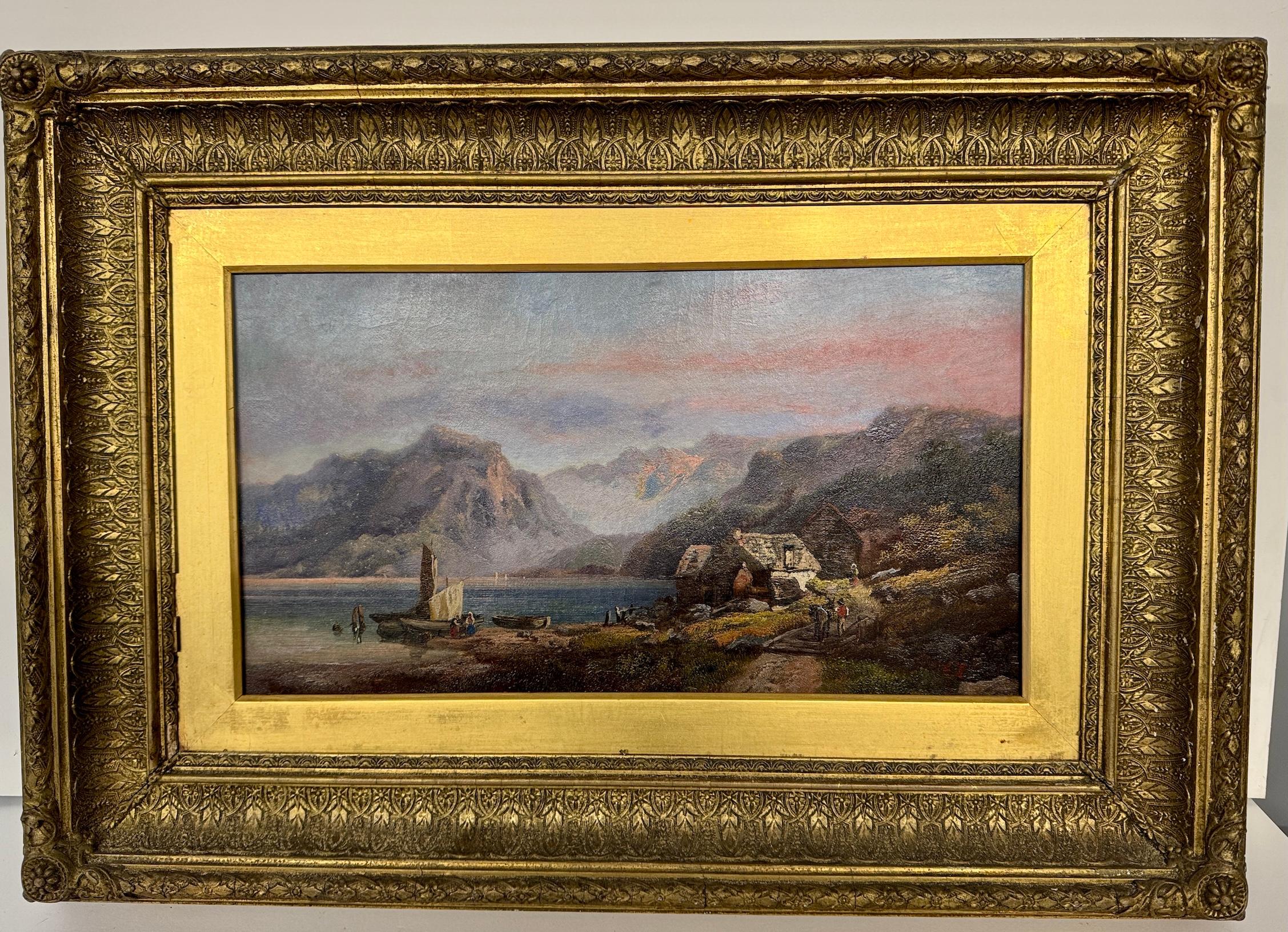 19th century English artist painting a Swiss Lake landscape with boats cottages