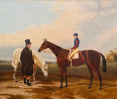 Fine 19th Century English Sporting Portrait of Racehorse with Jockey and Groom