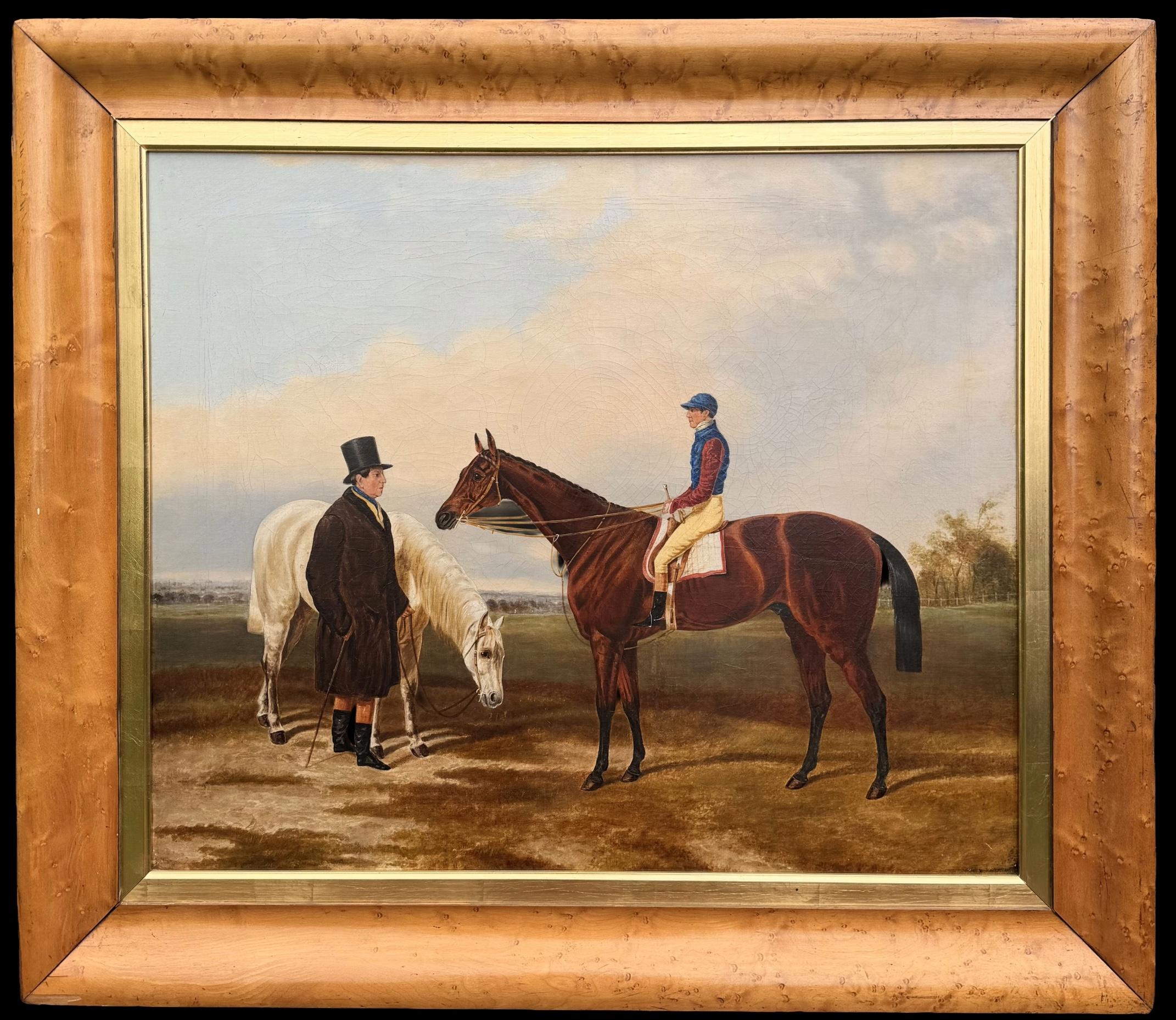 Magnifique portrait sportif anglais du XIXe siècle représentant un cheval de course avec son jockey et son palefrenier
